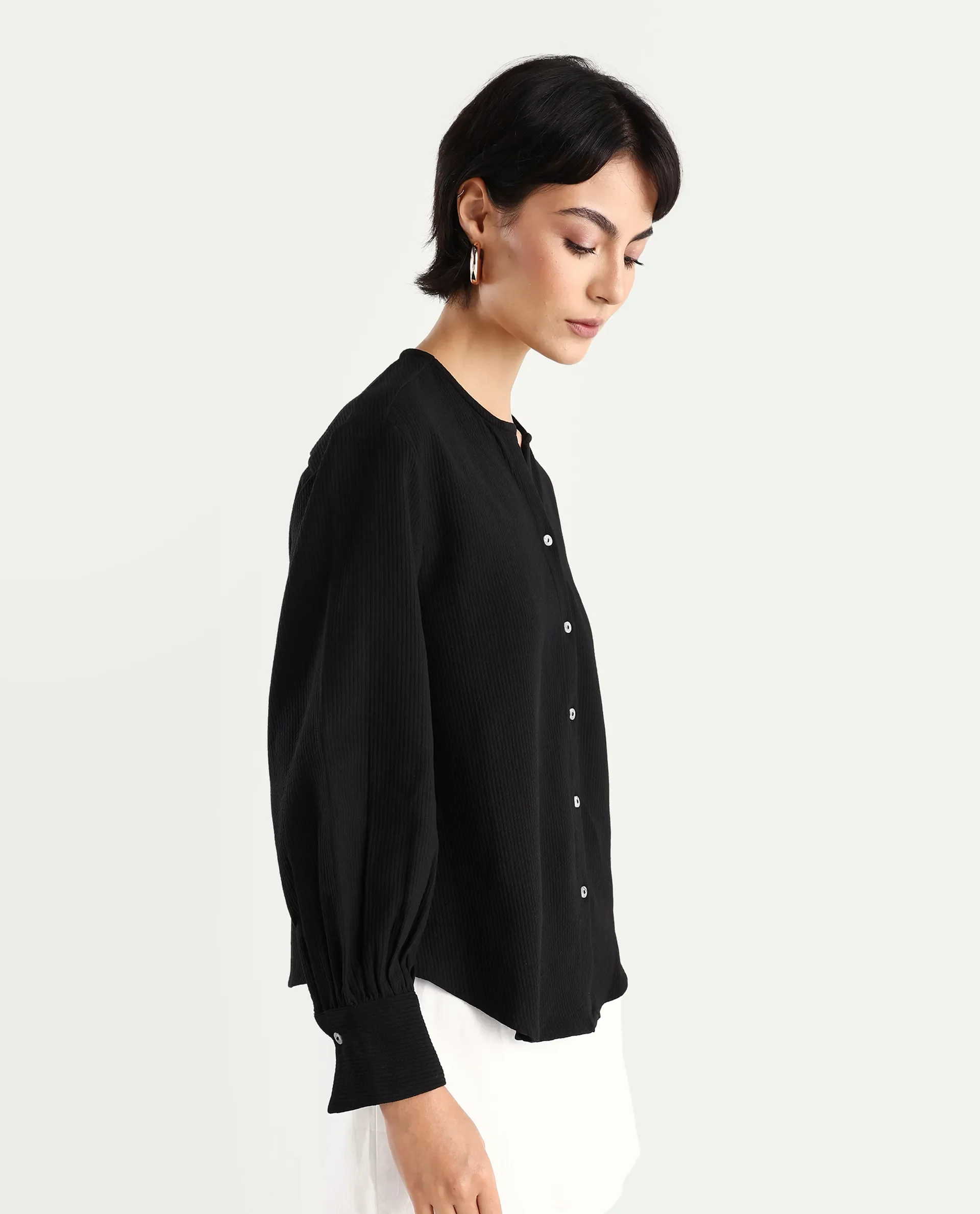 Rareism Women's Chantrey Black Cotton Crew Neck Plain Cuffed Sleeve Regular Fit Top - Image 6
