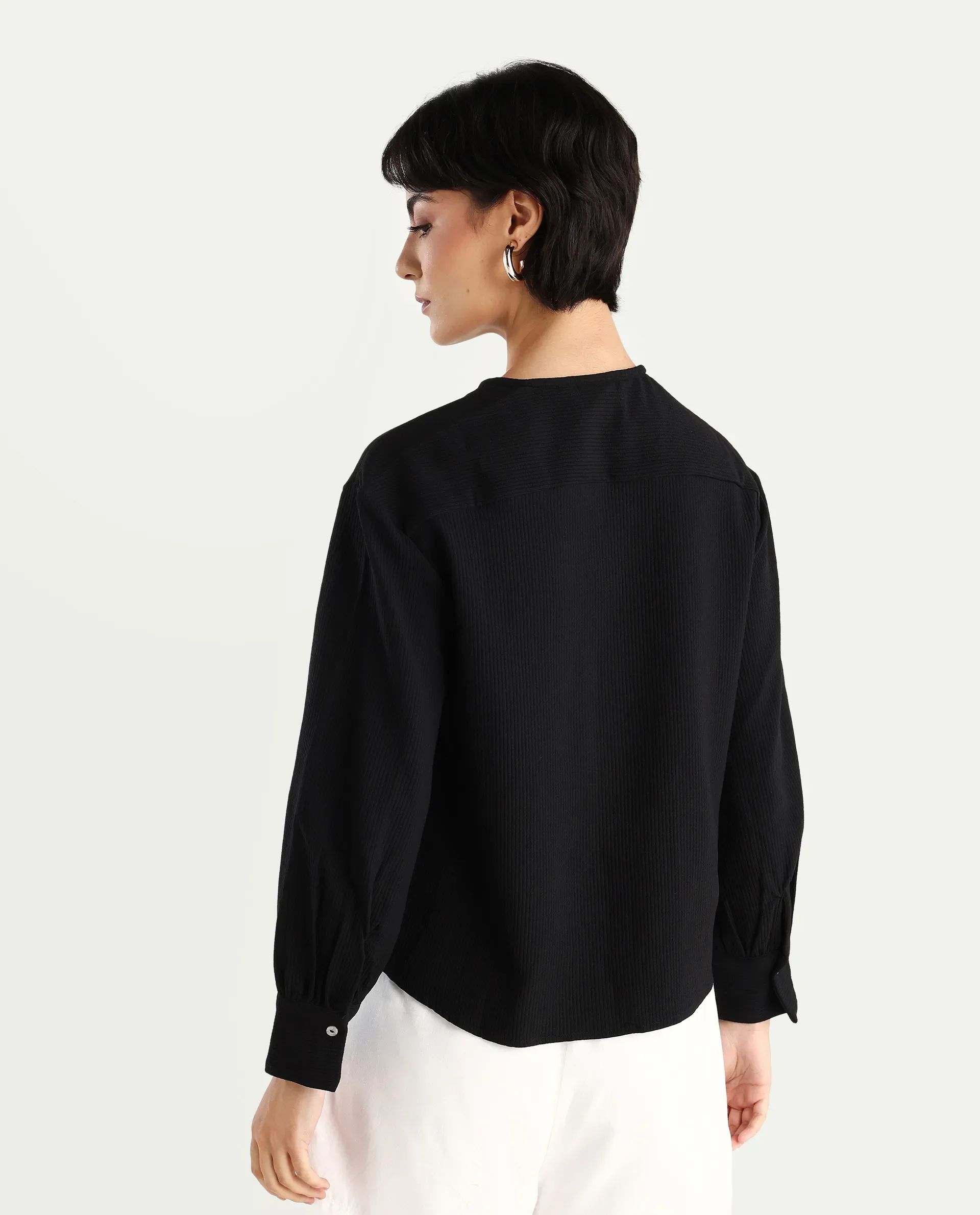 Rareism Women's Chantrey Black Cotton Crew Neck Plain Cuffed Sleeve Regular Fit Top - Image 7