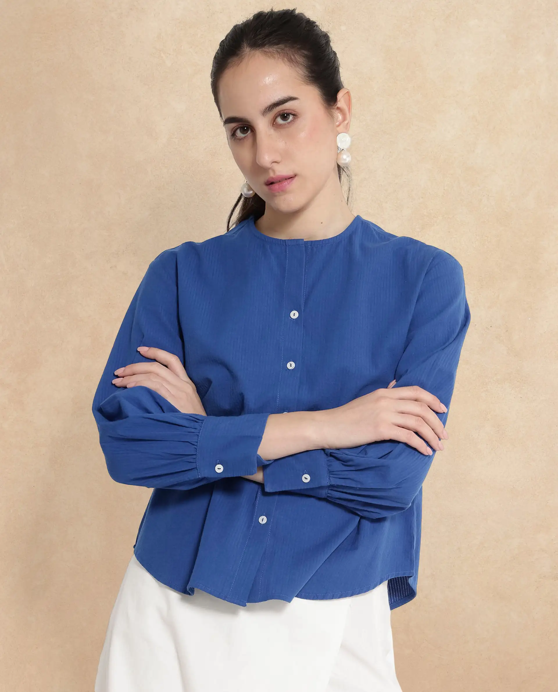 Rareism Women's Chantreyo Blue Cotton Blend Mandarin Collar Striped Cuffed Sleeve Regular Fit Top - Image 2