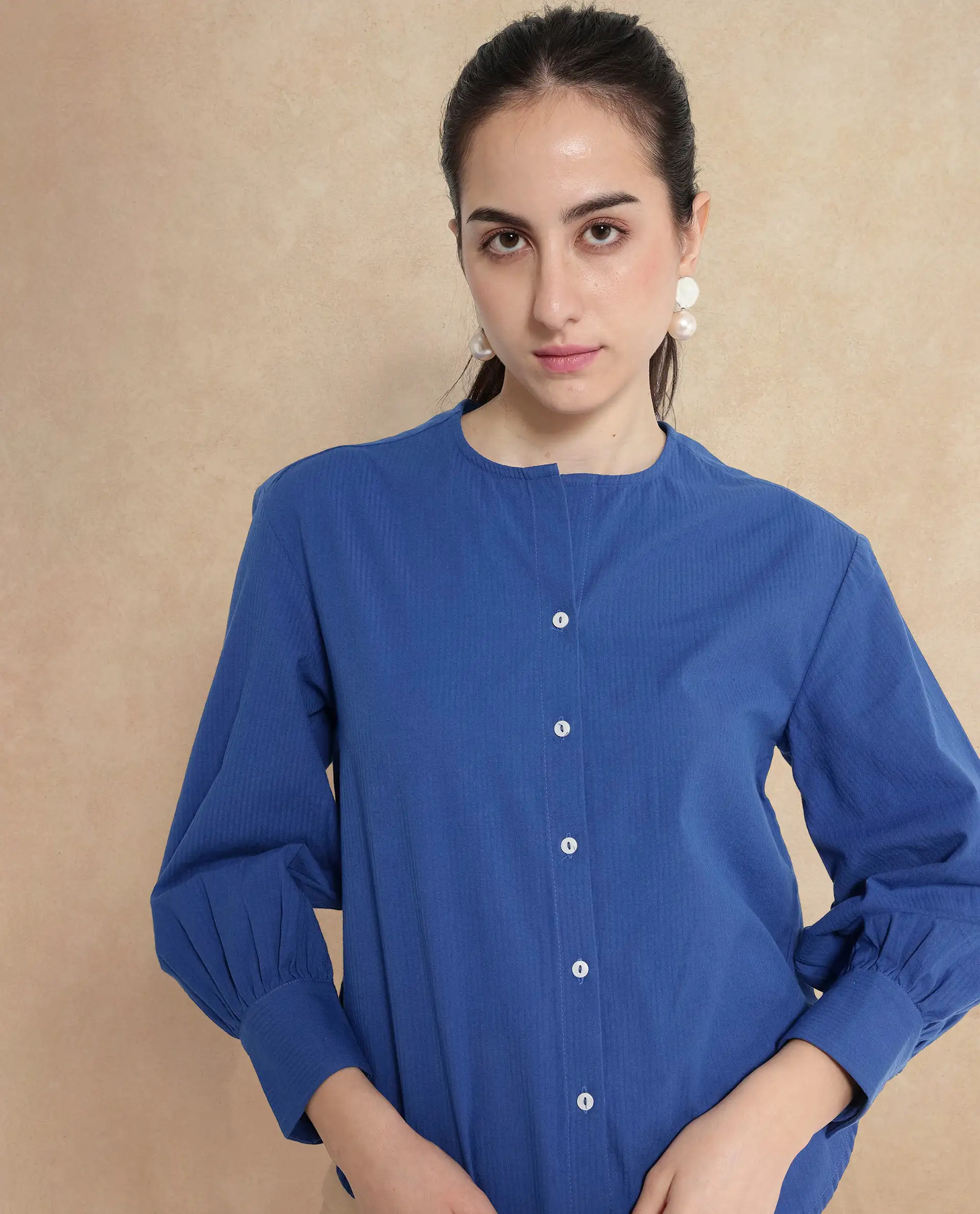 Rareism Women's Chantreyo Blue Cotton Blend Mandarin Collar Striped Cuffed Sleeve Regular Fit Top - Image 3