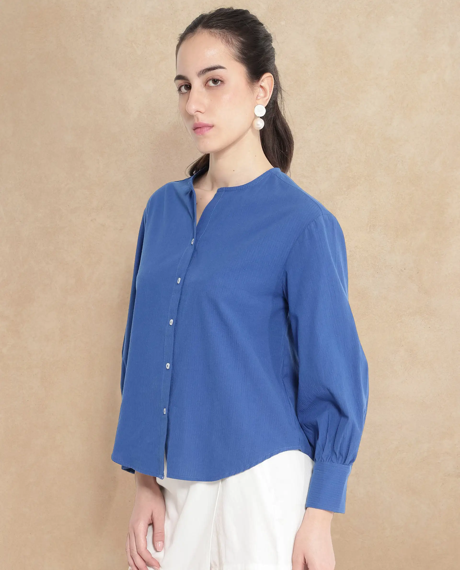Rareism Women's Chantreyo Blue Cotton Blend Mandarin Collar Striped Cuffed Sleeve Regular Fit Top - Image 4
