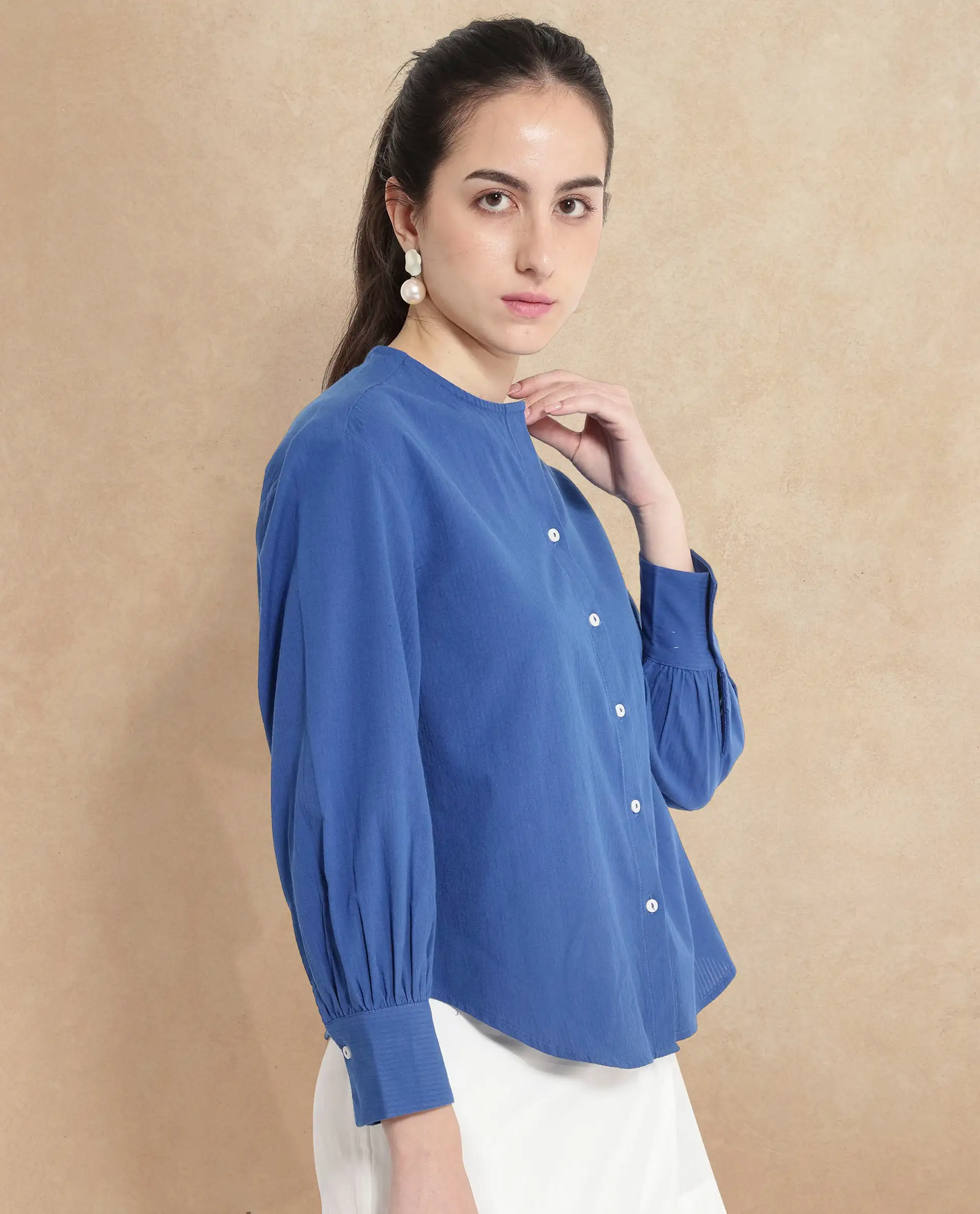 Rareism Women's Chantreyo Blue Cotton Blend Mandarin Collar Striped Cuffed Sleeve Regular Fit Top - Image 5