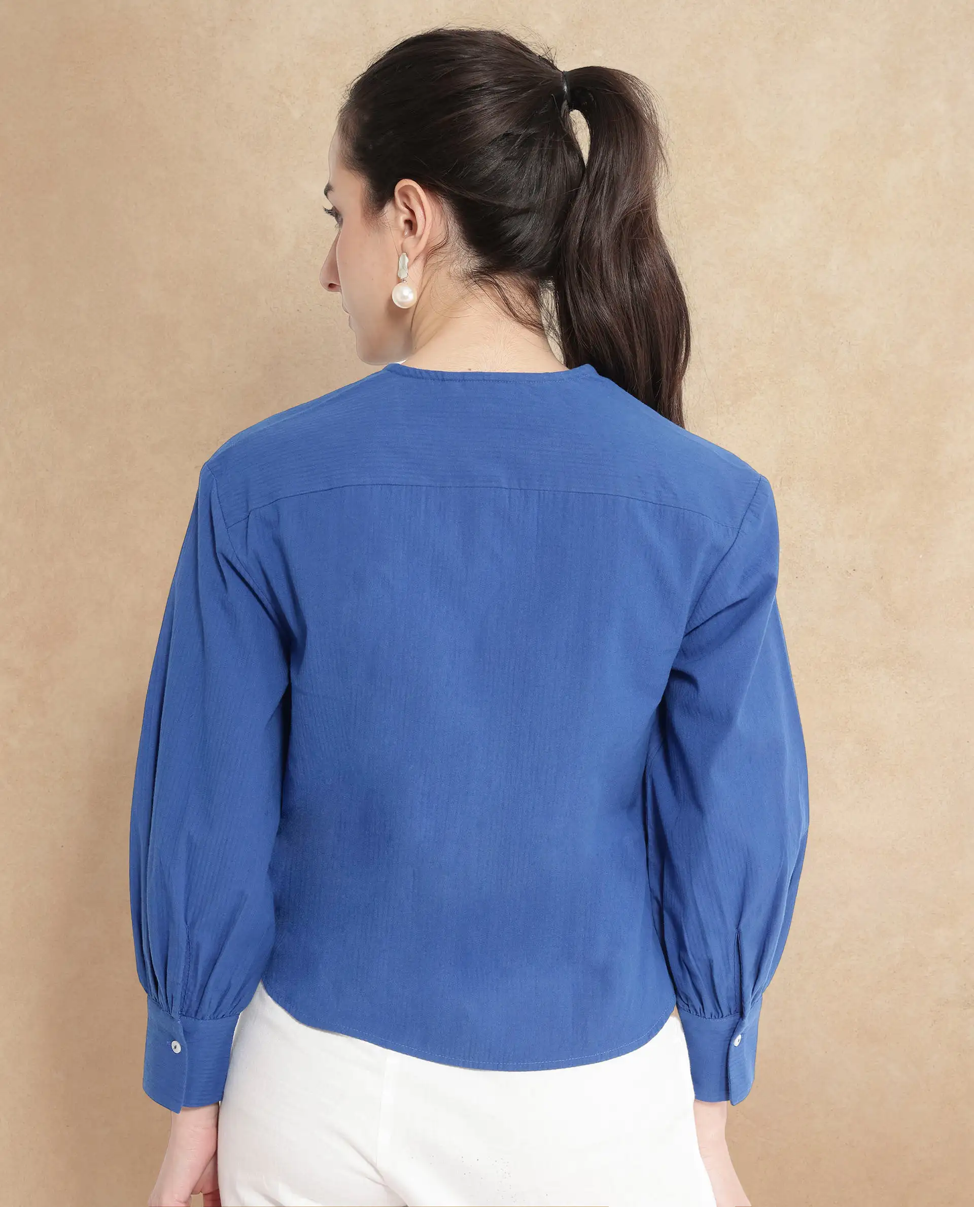 Rareism Women's Chantreyo Blue Cotton Blend Mandarin Collar Striped Cuffed Sleeve Regular Fit Top - Image 7