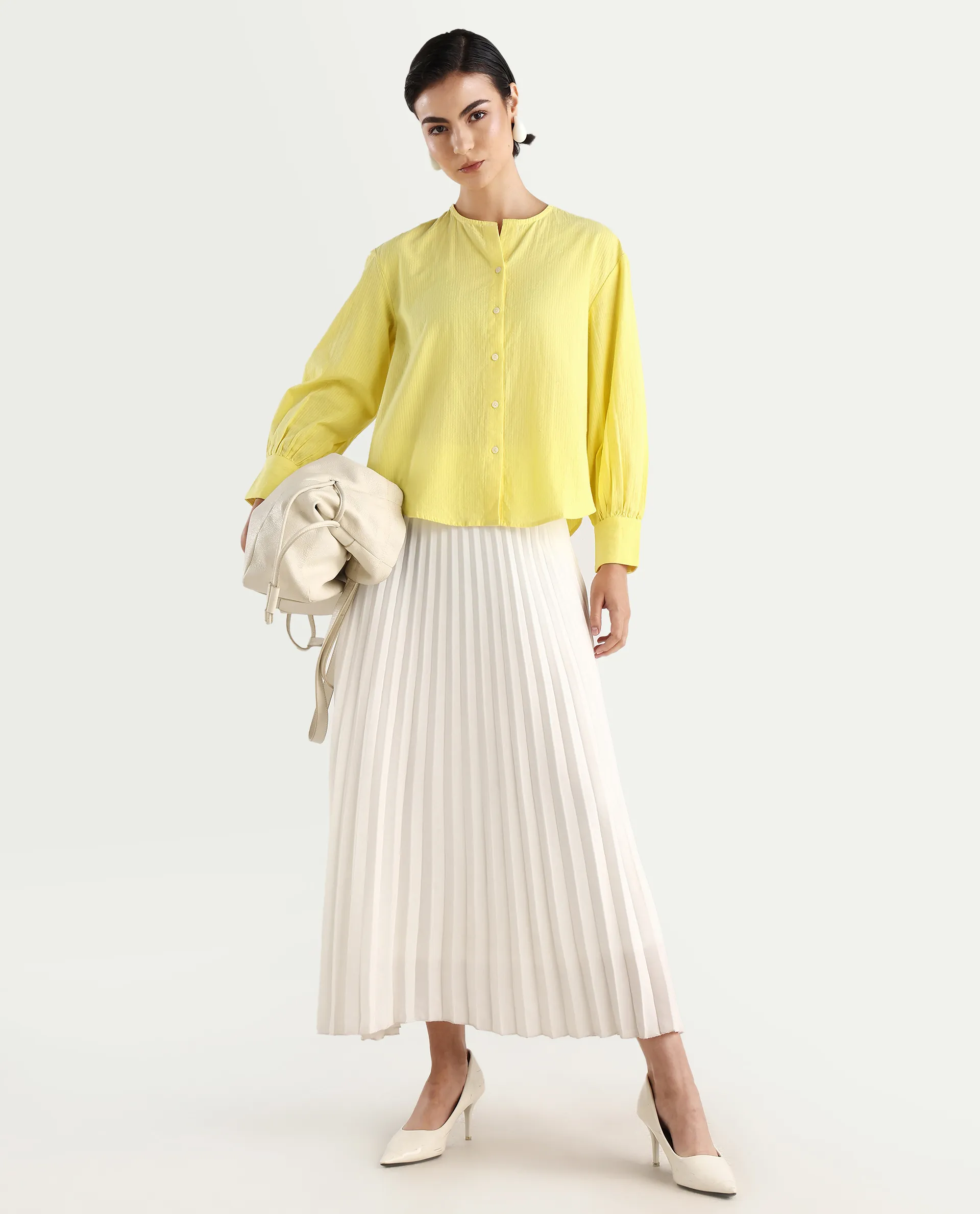 Rareism Women's Chantreyo Yellow Cotton Blend Mandarin Collar Striped Cuffed Sleeve Regular Fit Top - Image 2
