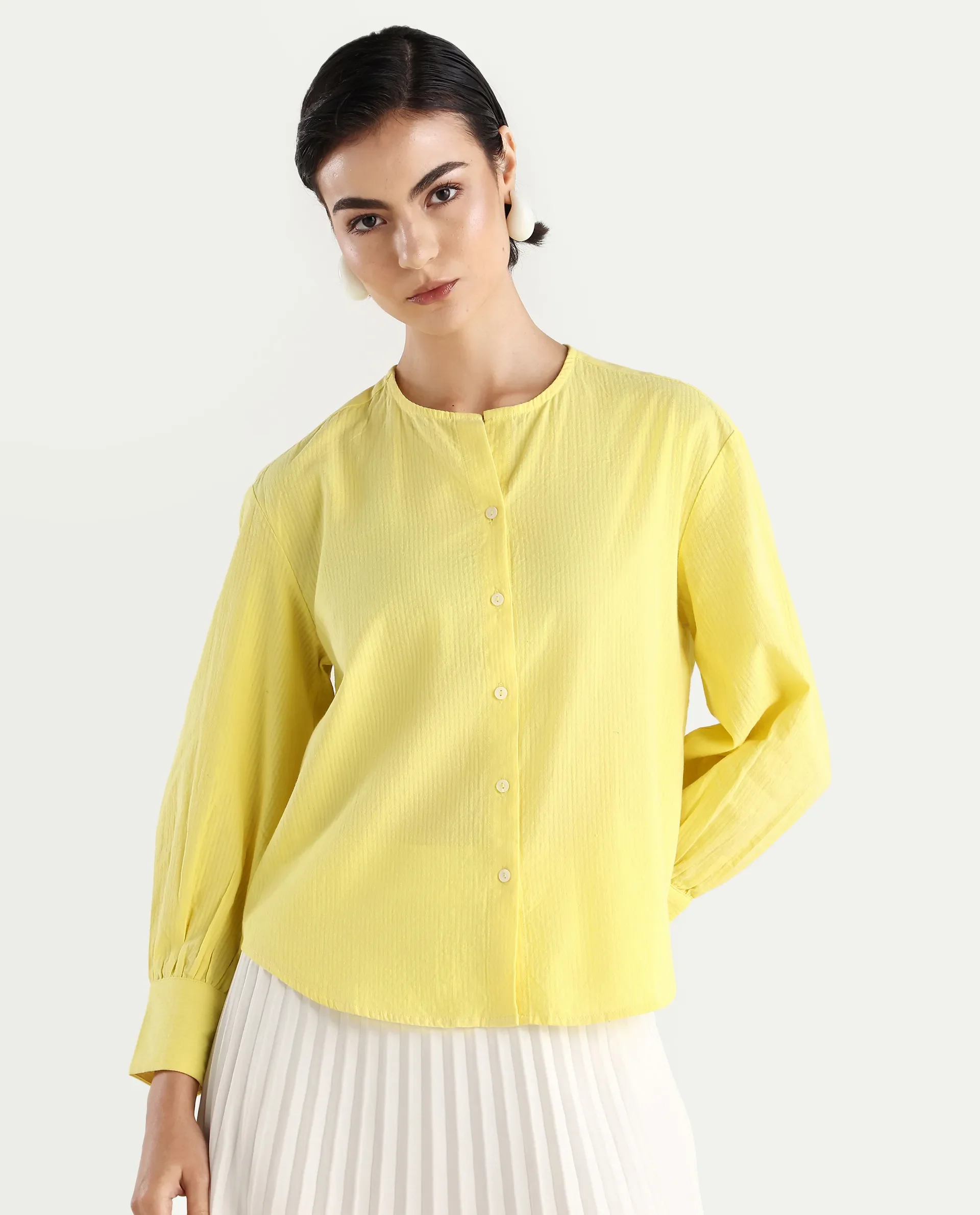 Rareism Women's Chantreyo Yellow Cotton Blend Mandarin Collar Striped Cuffed Sleeve Regular Fit Top - Image 3