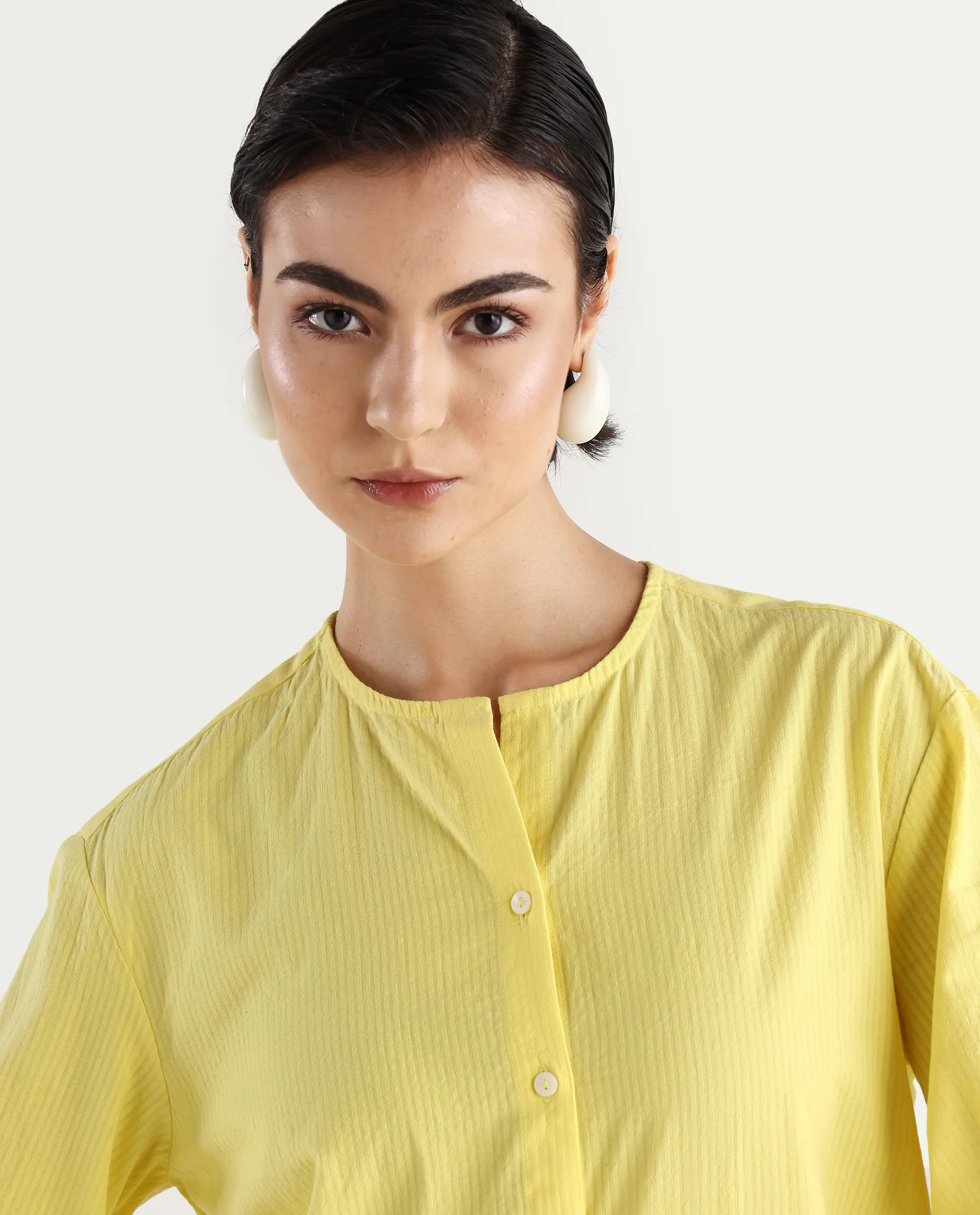 Rareism Women's Chantreyo Yellow Cotton Blend Mandarin Collar Striped Cuffed Sleeve Regular Fit Top - Image 4