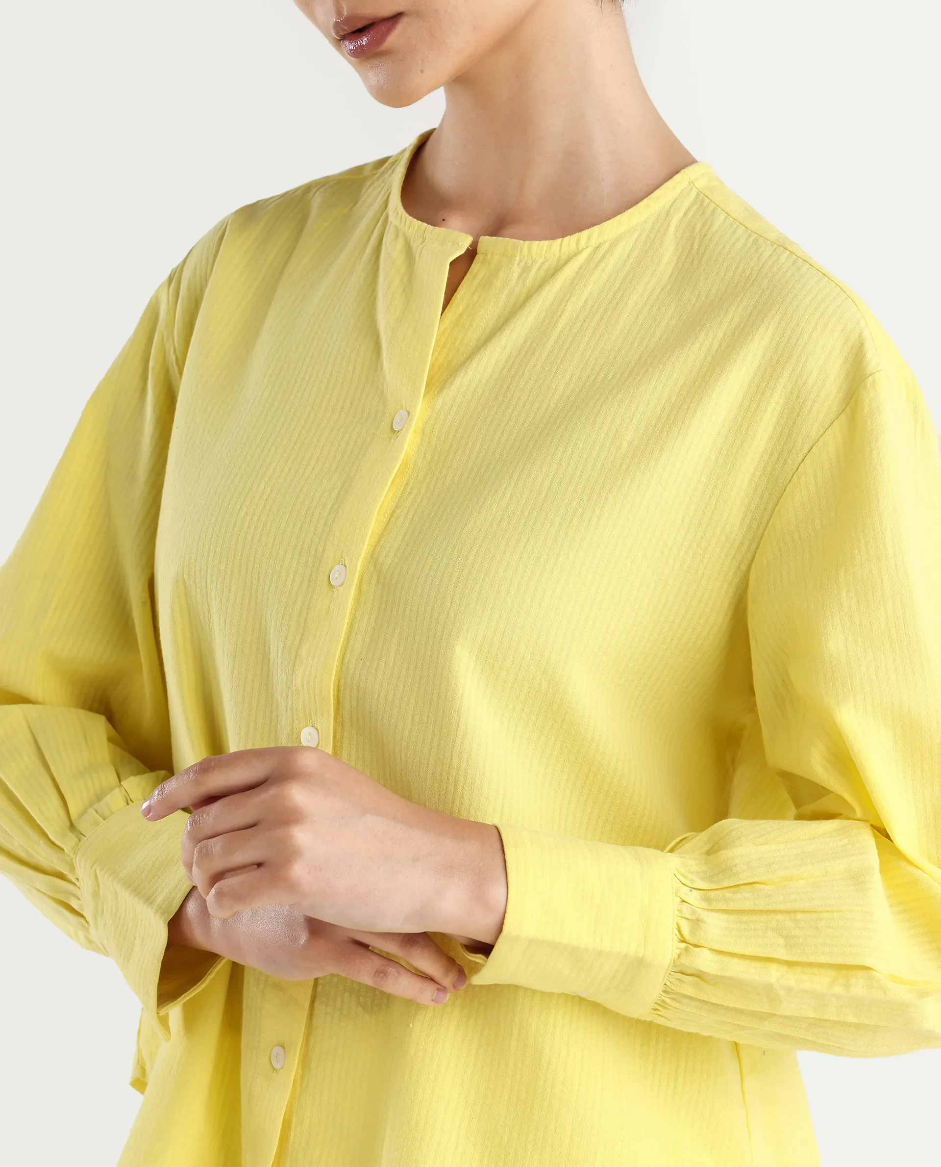 Rareism Women's Chantreyo Yellow Cotton Blend Mandarin Collar Striped Cuffed Sleeve Regular Fit Top - Image 5