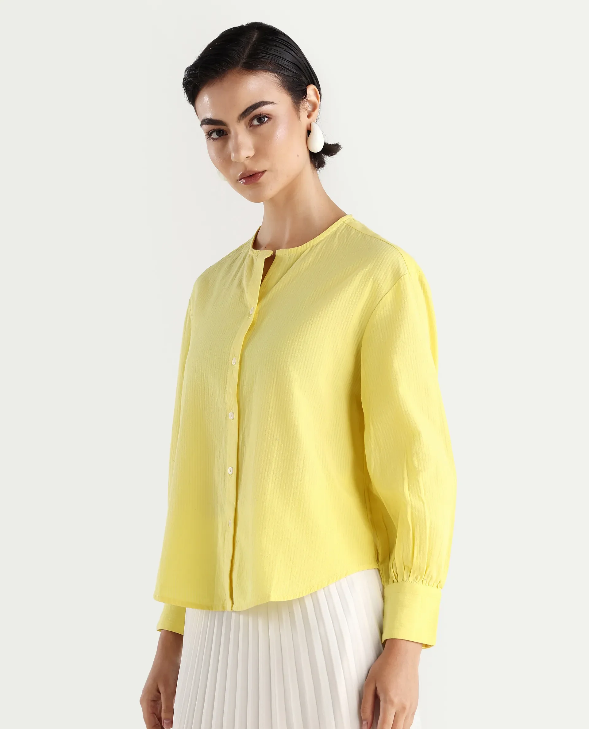 Rareism Women's Chantreyo Yellow Cotton Blend Mandarin Collar Striped Cuffed Sleeve Regular Fit Top - Image 6