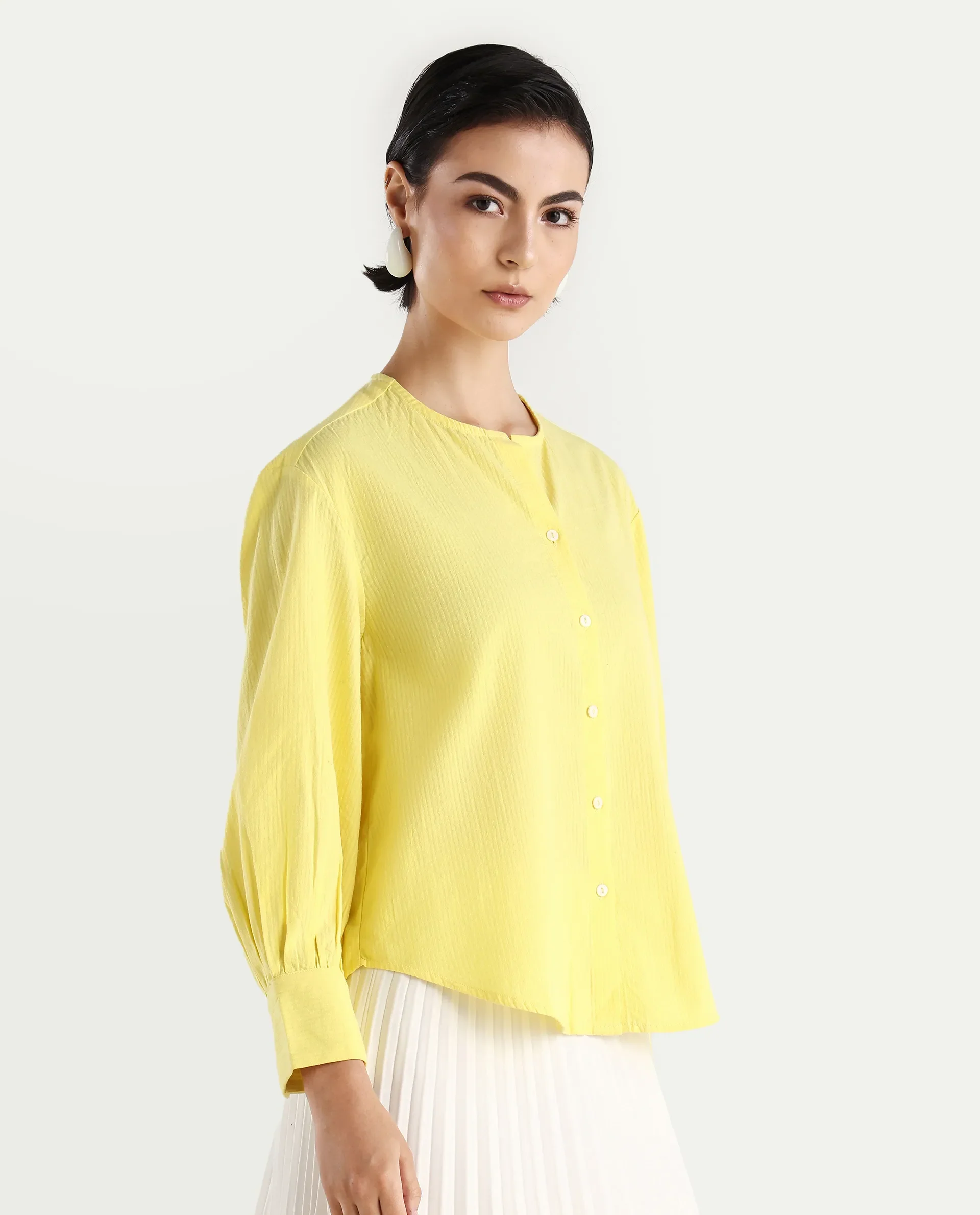 Rareism Women's Chantreyo Yellow Cotton Blend Mandarin Collar Striped Cuffed Sleeve Regular Fit Top - Image 7