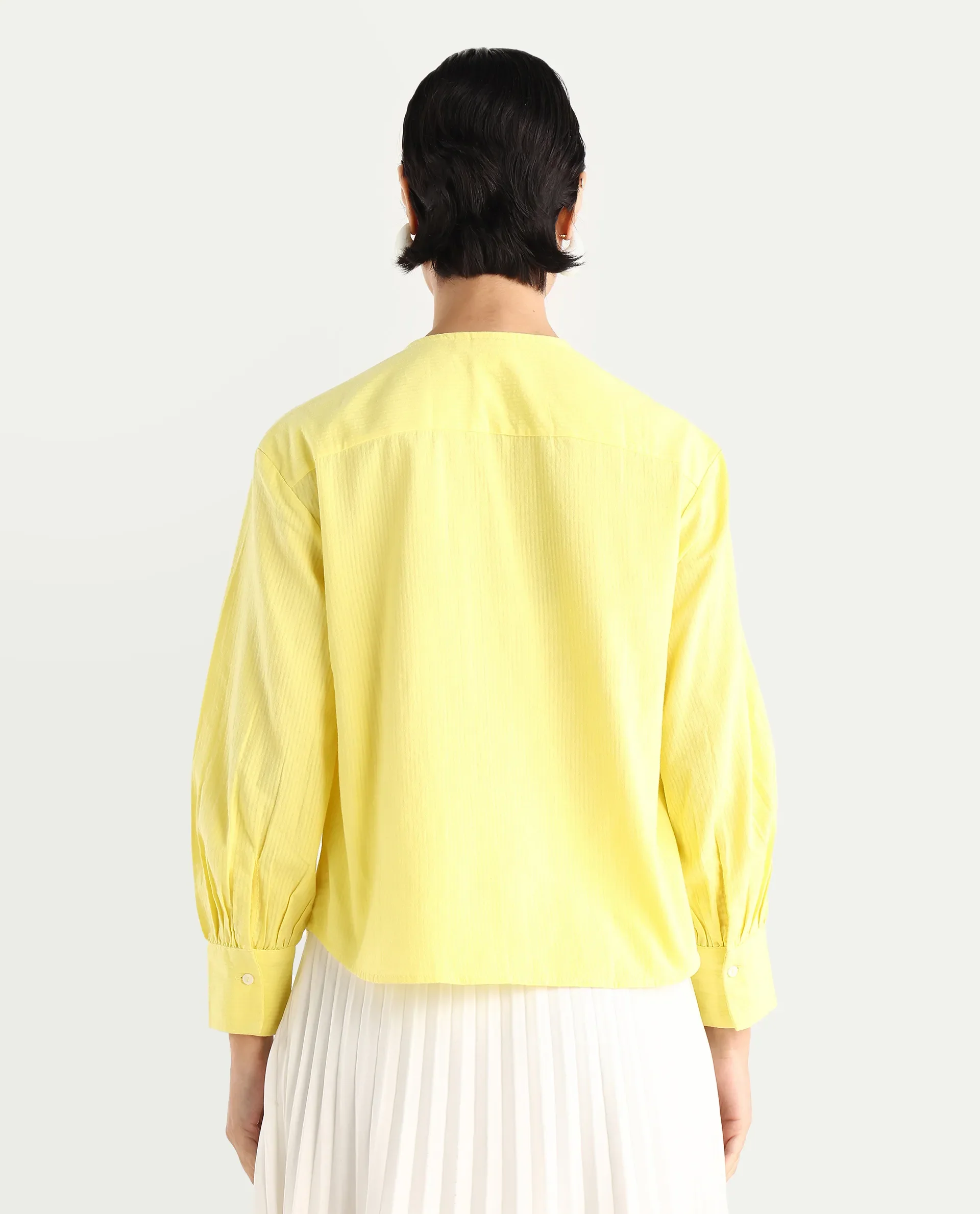 Rareism Women's Chantreyo Yellow Cotton Blend Mandarin Collar Striped Cuffed Sleeve Regular Fit Top - Image 8