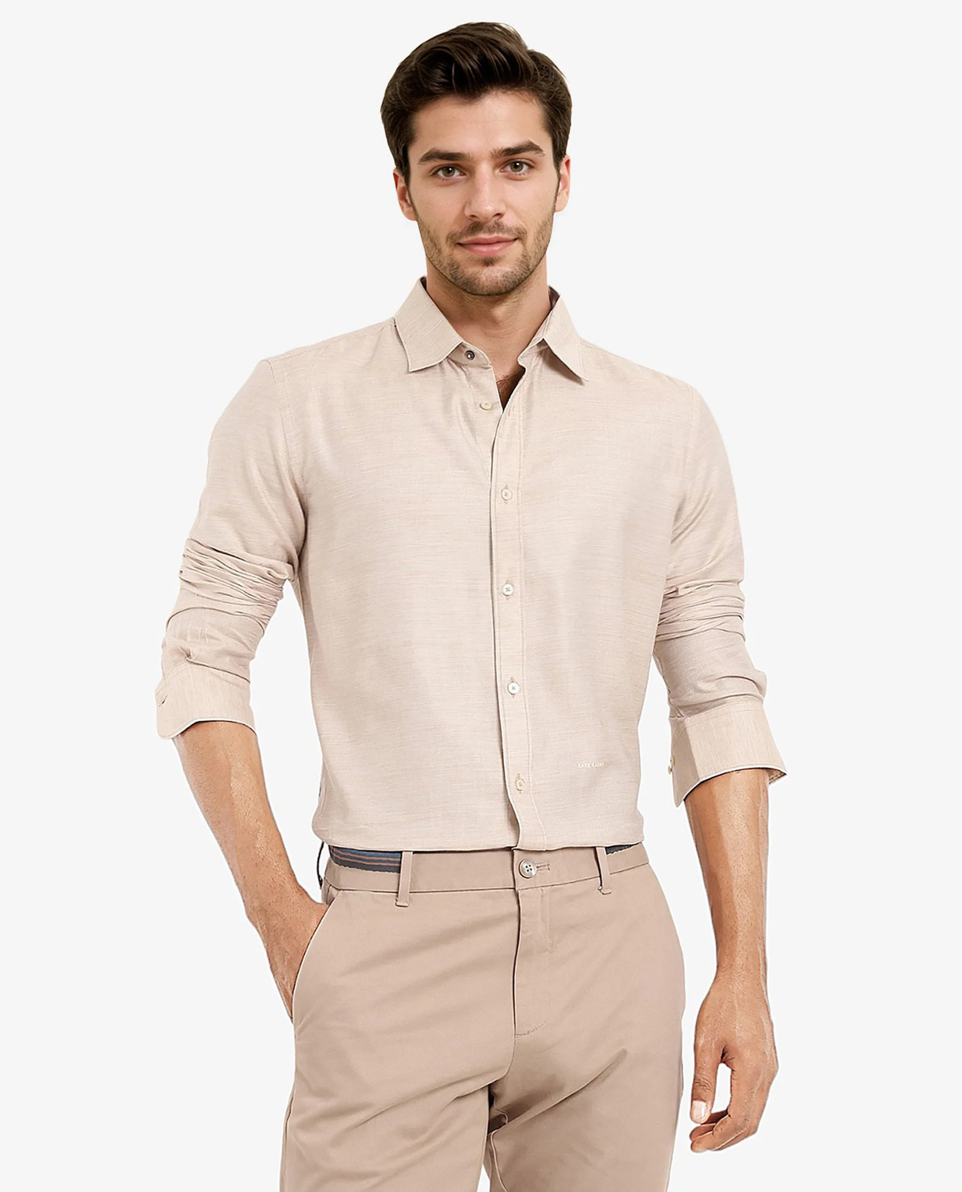 Rare Rabbit Men's Chapelle Beige Cotton Plain Regular Fit Full Sleeve Collared Shirt - Image 3