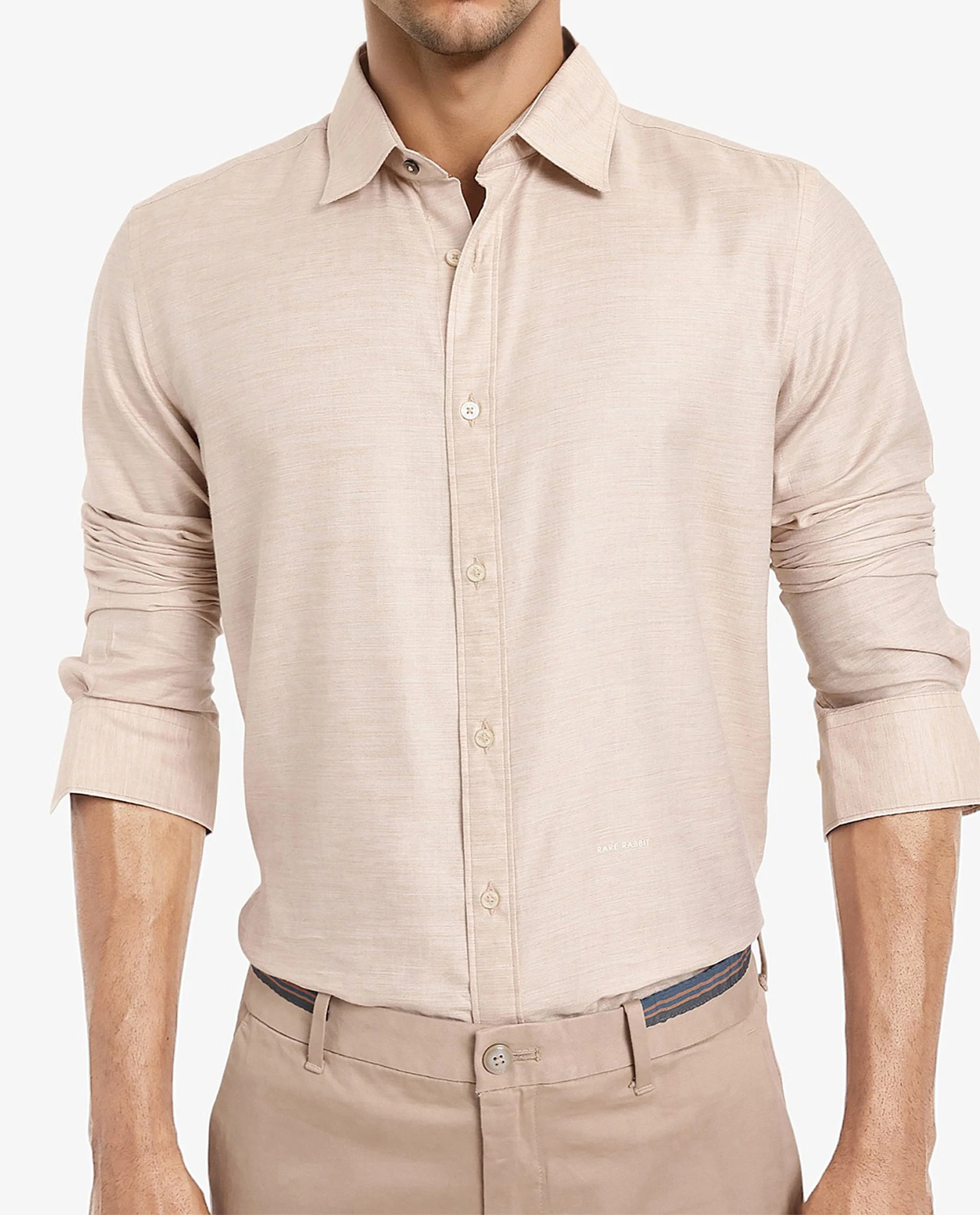 Rare Rabbit Men's Chapelle Beige Cotton Plain Regular Fit Full Sleeve Collared Shirt - Image 4