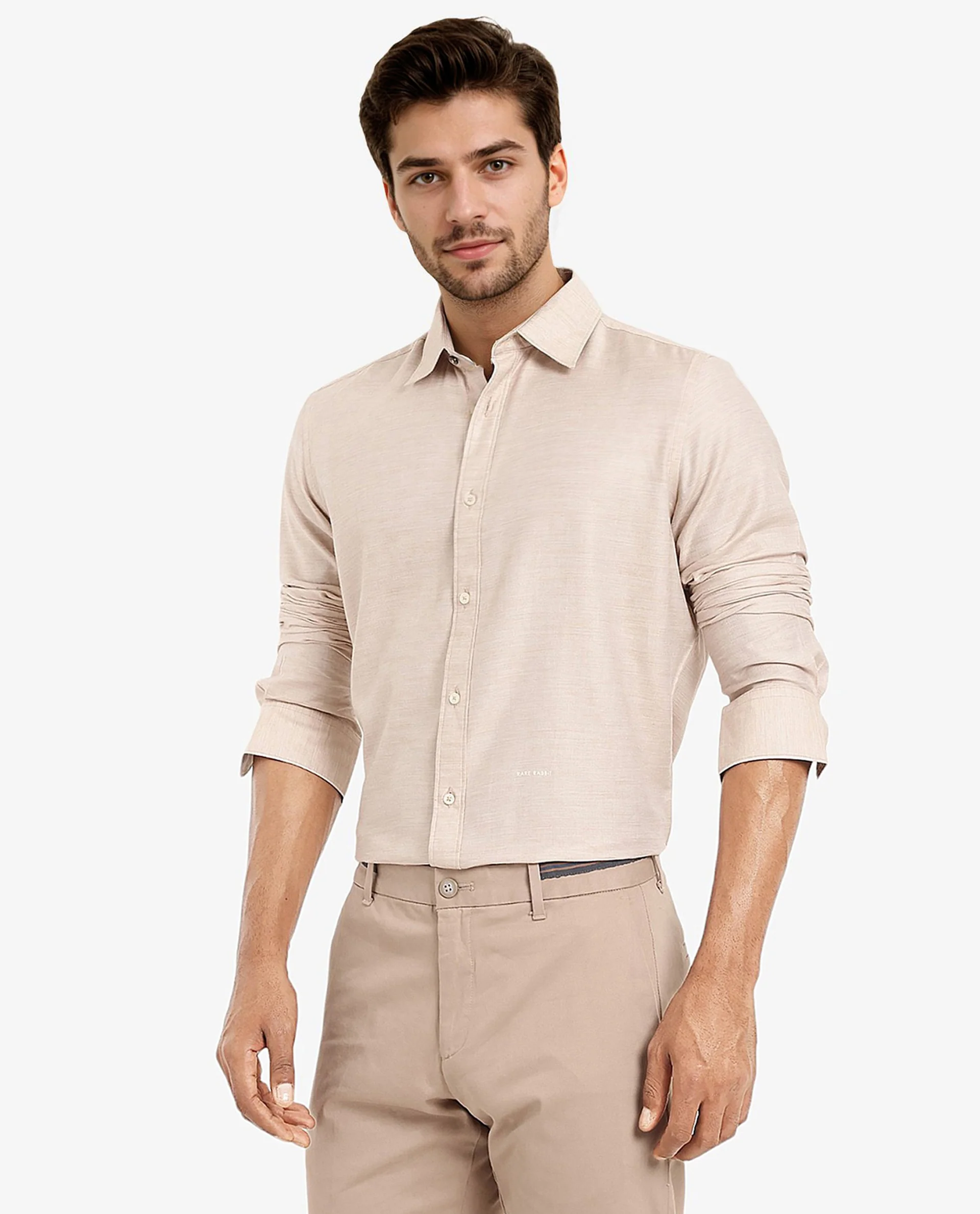 Rare Rabbit Men's Chapelle Beige Cotton Plain Regular Fit Full Sleeve Collared Shirt - Image 7