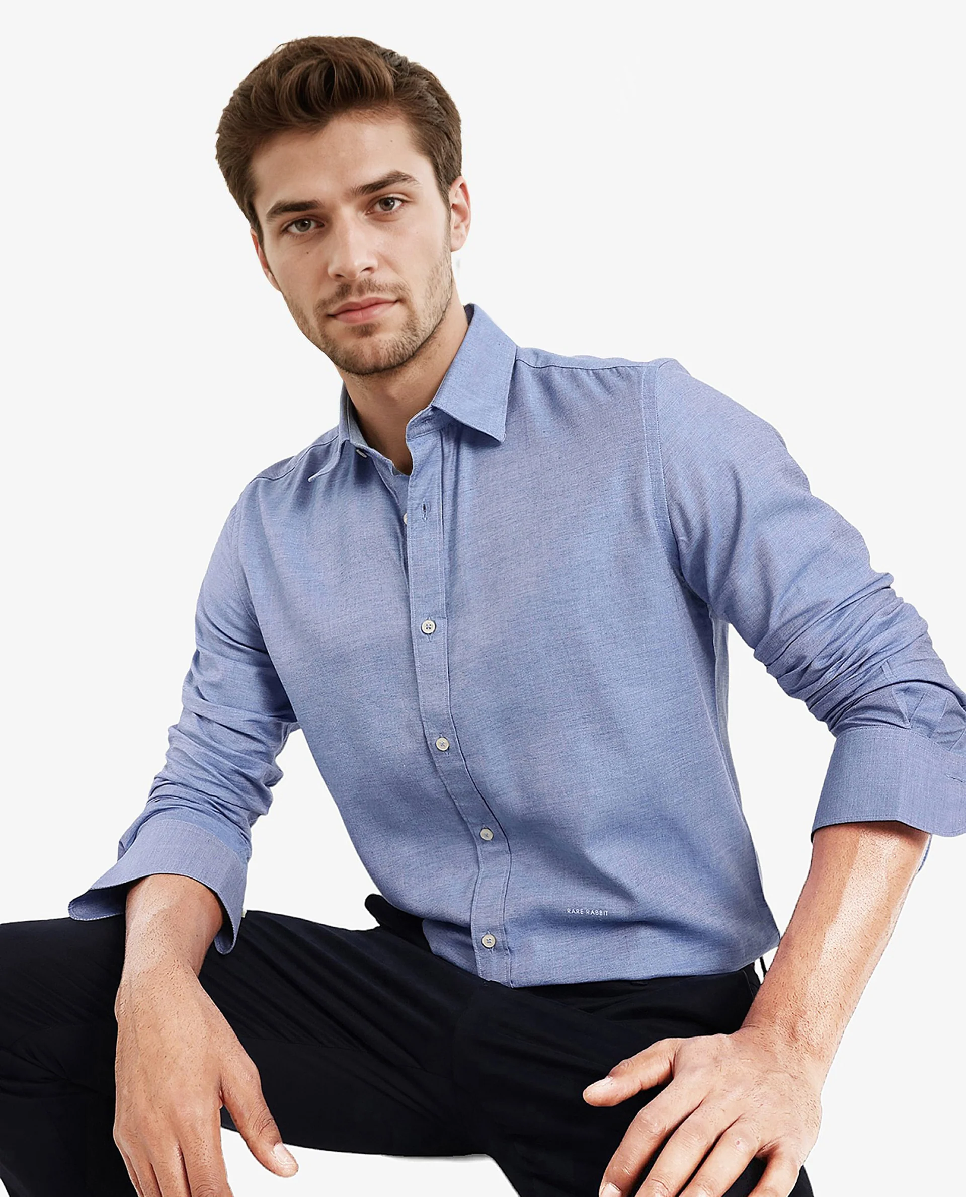 Rare Rabbit Men's Chapelle Blue Cotton Plain Regular Fit Full Sleeve Collared Shirt