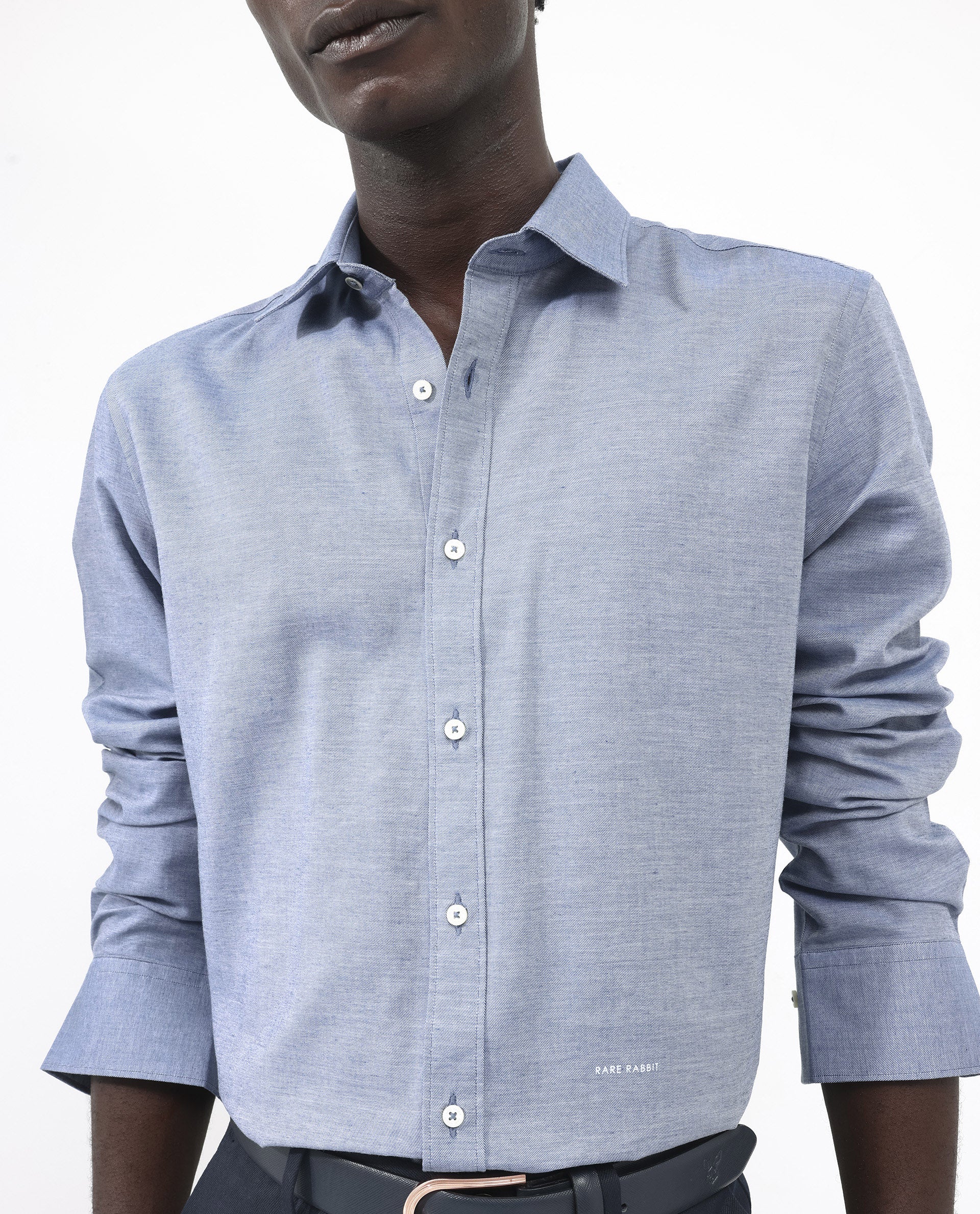 Rare Rabbit Men's Chapelle Dark Blue Cotton Plain Regular Fit Full Sleeve Collared Shirt - Image 3