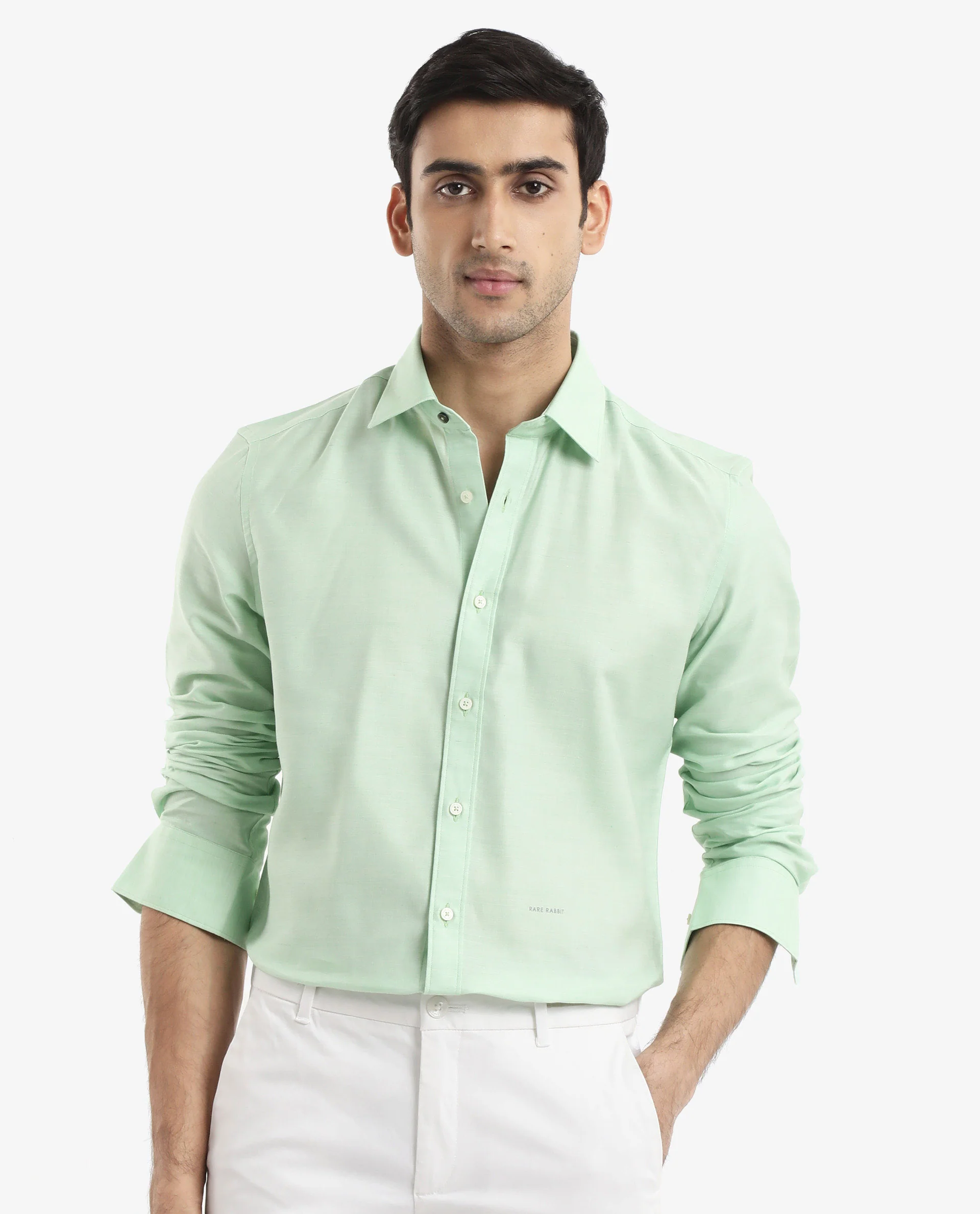 Rare Rabbit Men's Chapelle Flouroscent Green Cotton Plain Regular Fit Full Sleeve Collared Shirt - Image 3