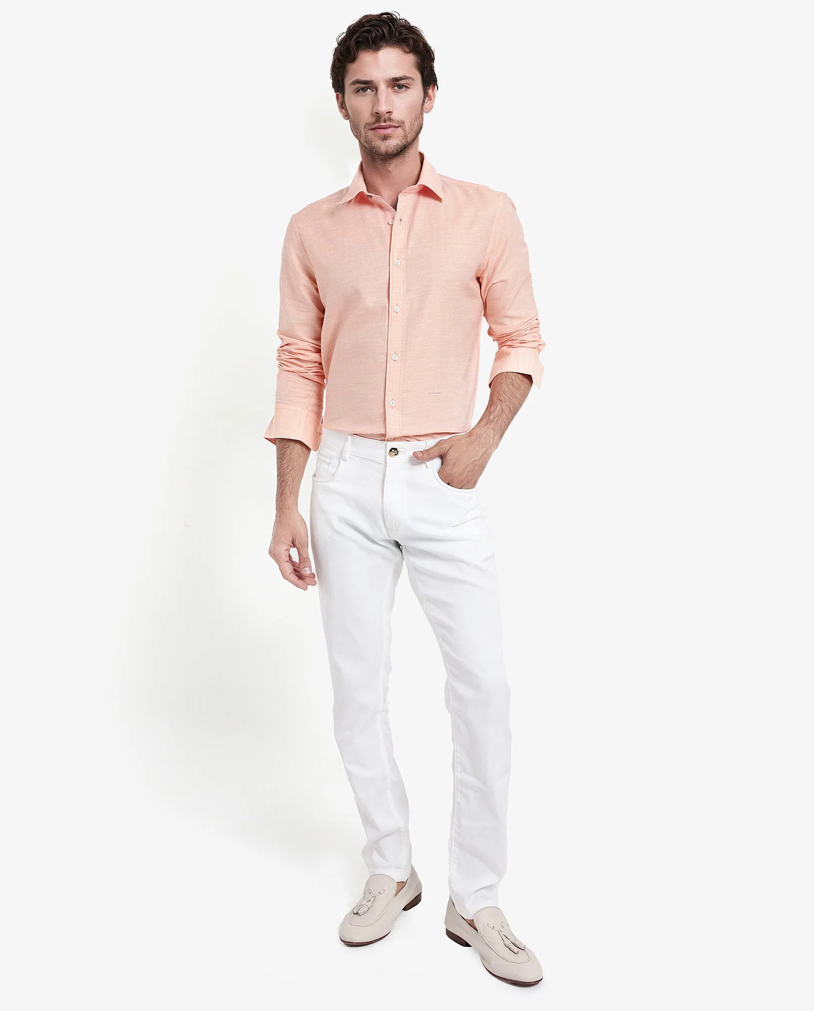 Rare Rabbit Men's Chapelle Flouroscent Peach Cotton Plain Regular Fit Full Sleeve Collared Shirt - Image 2