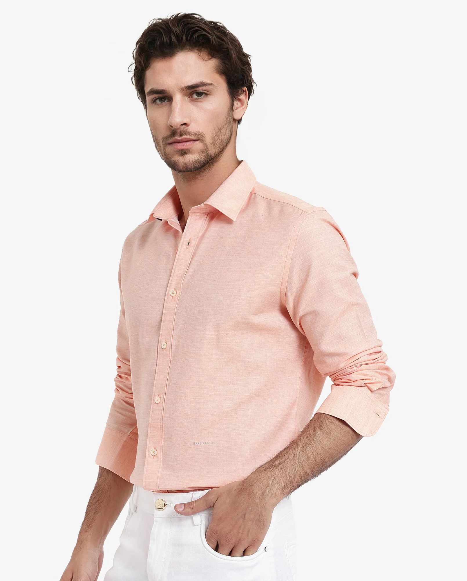 Rare Rabbit Men's Chapelle Flouroscent Peach Cotton Plain Regular Fit Full Sleeve Collared Shirt - Image 3