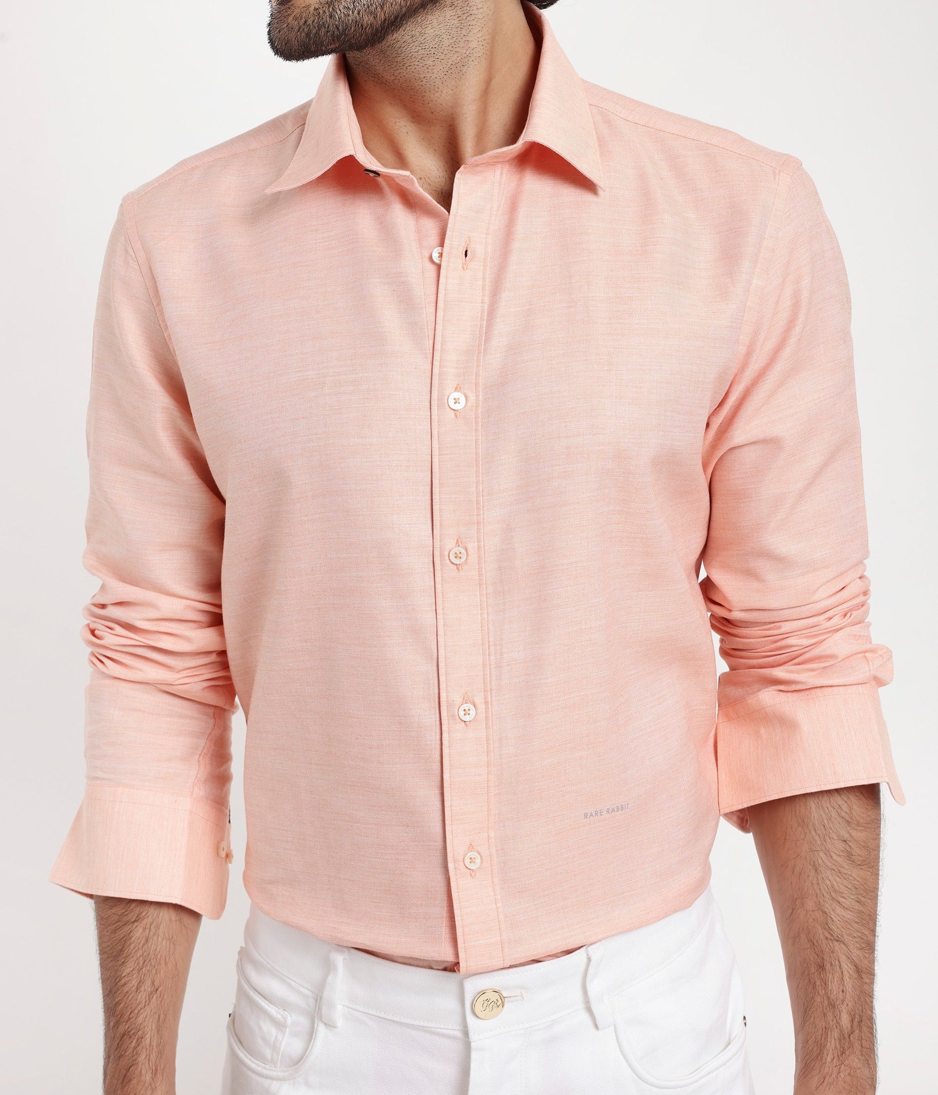 Rare Rabbit Men's Chapelle Flouroscent Peach Cotton Plain Regular Fit Full Sleeve Collared Shirt - Image 5