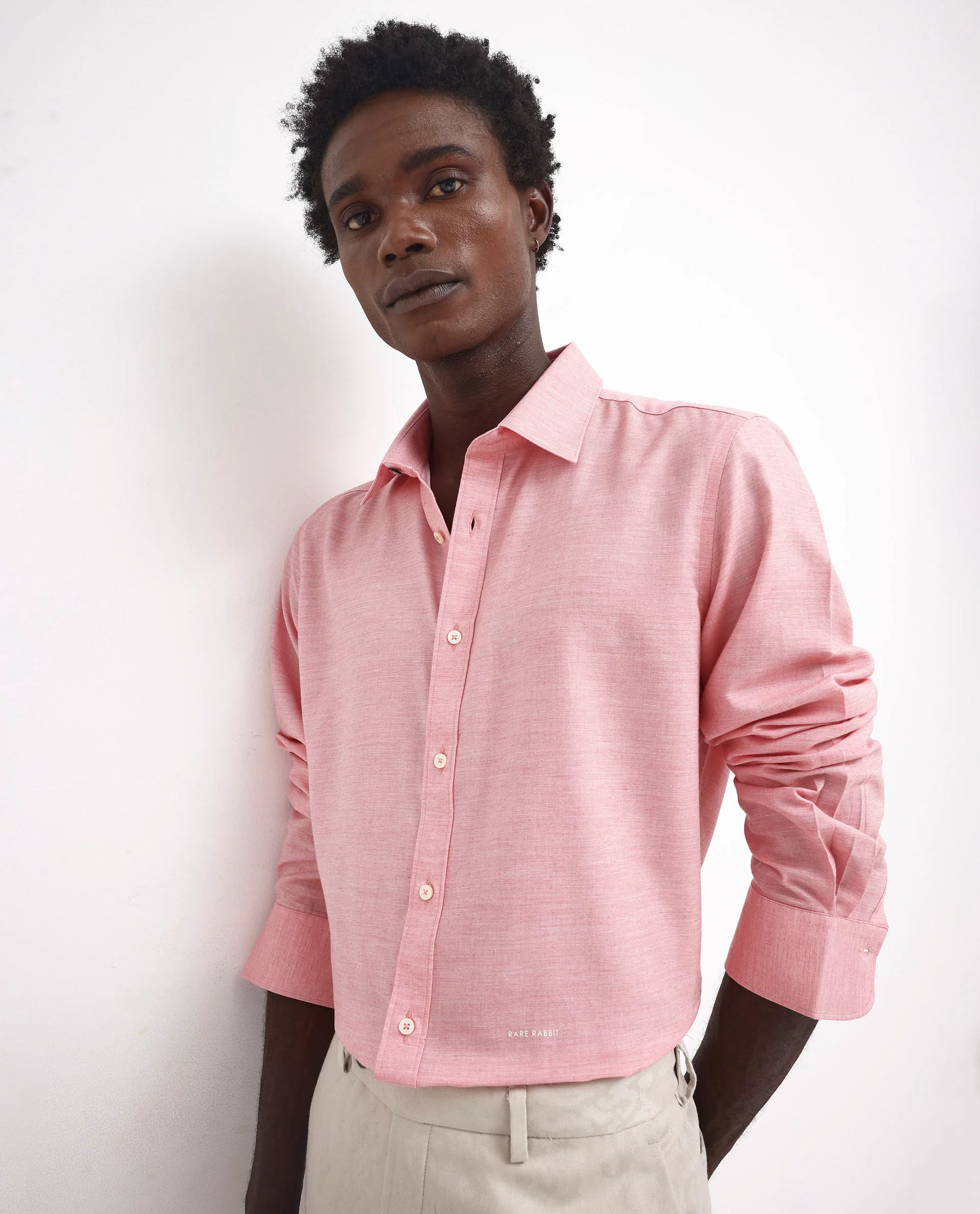 Rare Rabbit Men's Chapelle Flouroscent Pink Cotton Plain Regular Fit Full Sleeve Collared Shirt