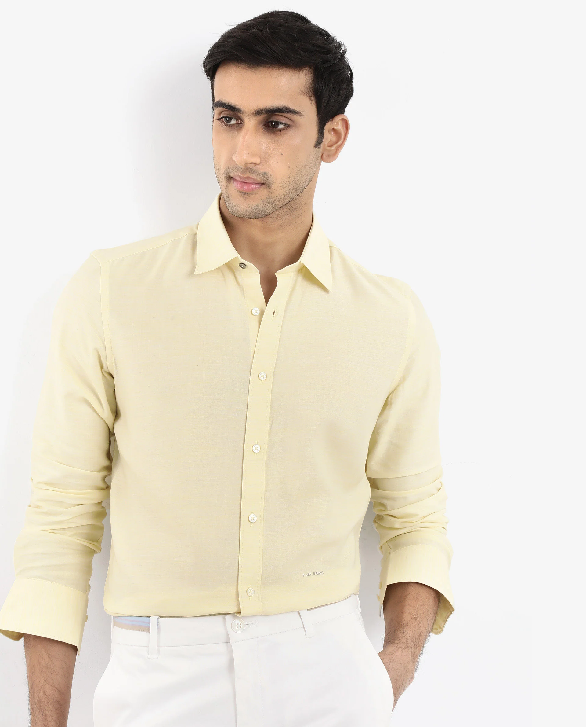 Rare Rabbit Men's Chapelle Flouroscent Yellow Cotton Plain Regular Fit Full Sleeve Collared Shirt - Image 3