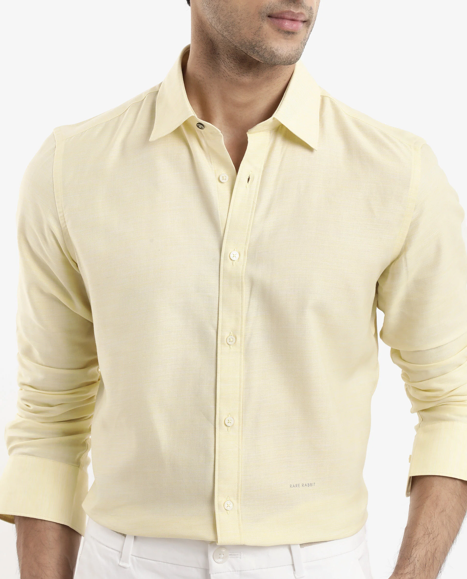 Rare Rabbit Men's Chapelle Flouroscent Yellow Cotton Plain Regular Fit Full Sleeve Collared Shirt - Image 4