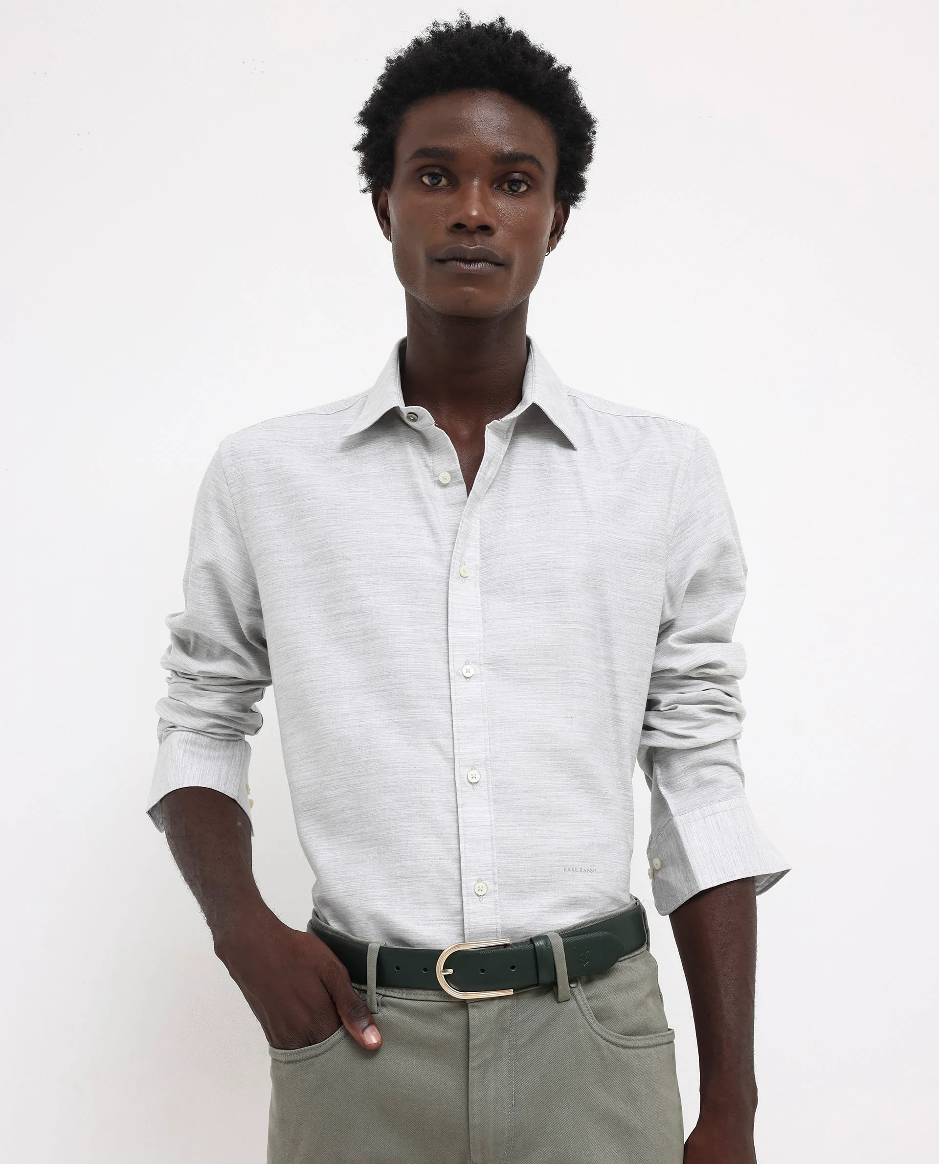 Rare Rabbit Men's Chapelle Light Grey Cotton Plain Regular Fit Full Sleeve Collared Shirt - Image 3