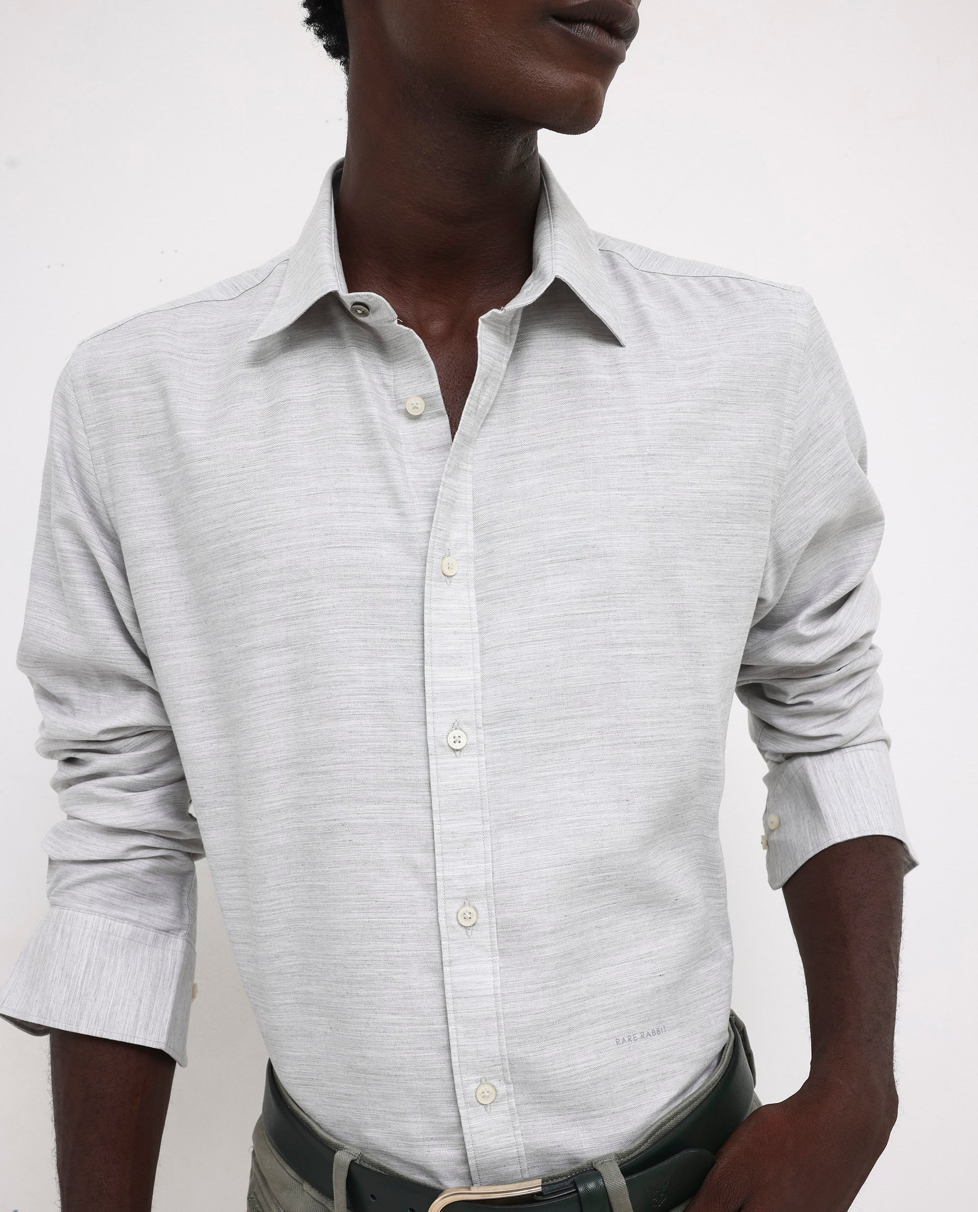 Rare Rabbit Men's Chapelle Light Grey Cotton Plain Regular Fit Full Sleeve Collared Shirt - Image 5