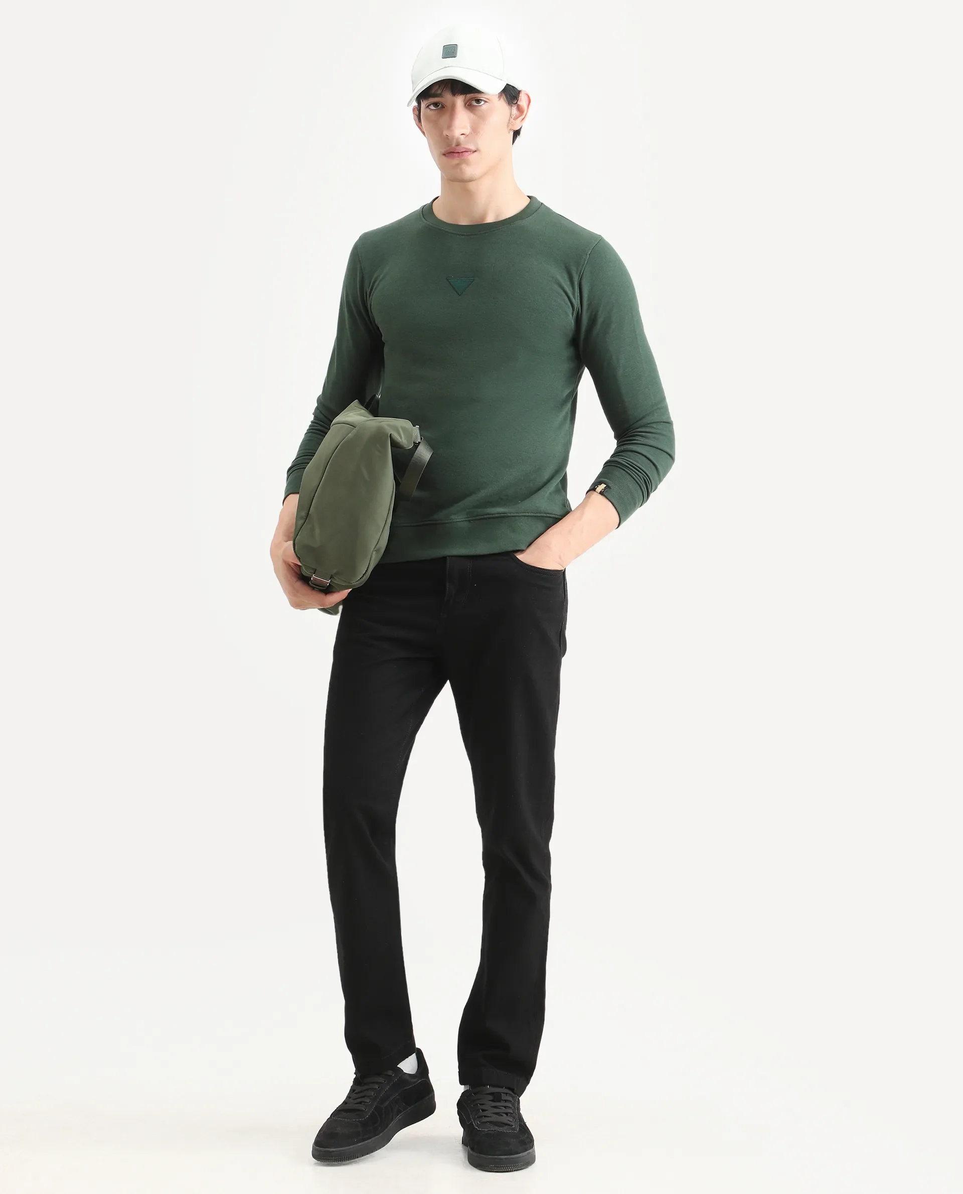Rare Rabbit Men's Chara Green Cotton Plain Regular Fit Full Sleeve Crew Neck Sweatshirt - Image 2