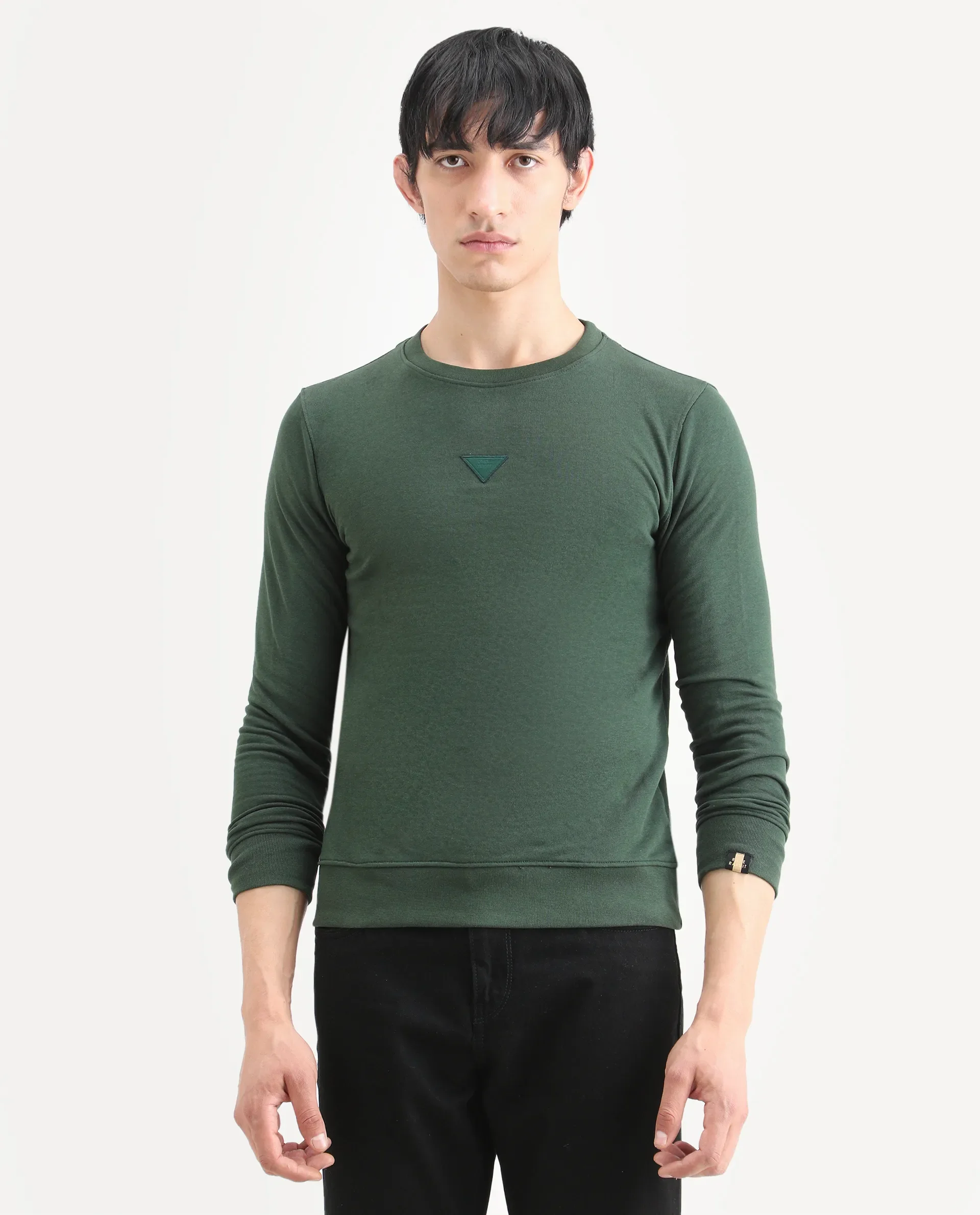 Rare Rabbit Men's Chara Green Cotton Plain Regular Fit Full Sleeve Crew Neck Sweatshirt - Image 3