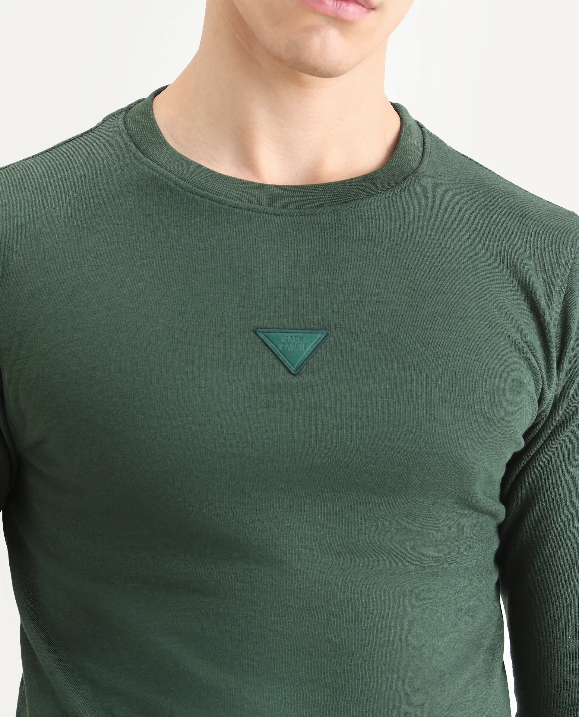 Rare Rabbit Men's Chara Green Cotton Plain Regular Fit Full Sleeve Crew Neck Sweatshirt - Image 4