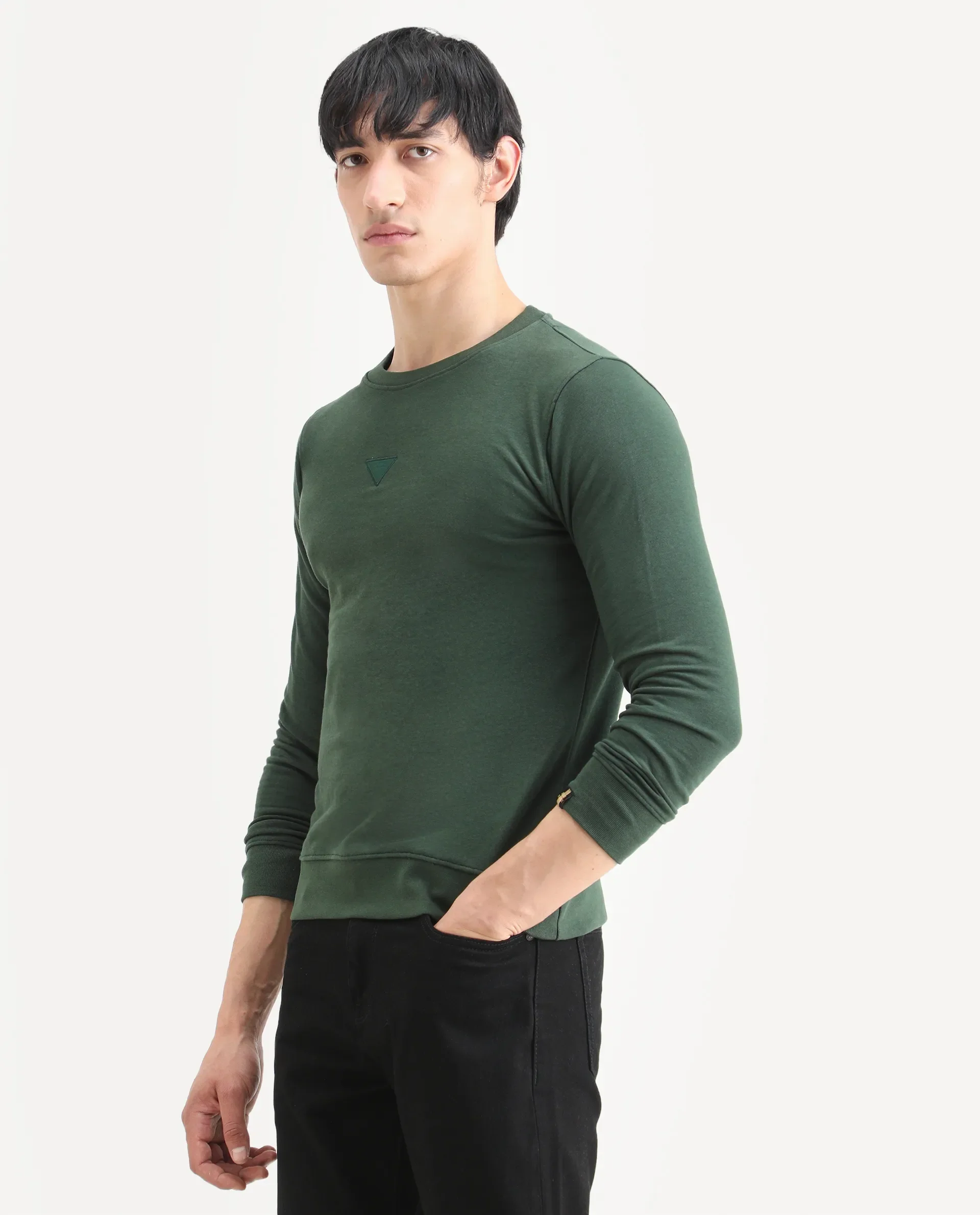 Rare Rabbit Men's Chara Green Cotton Plain Regular Fit Full Sleeve Crew Neck Sweatshirt - Image 6