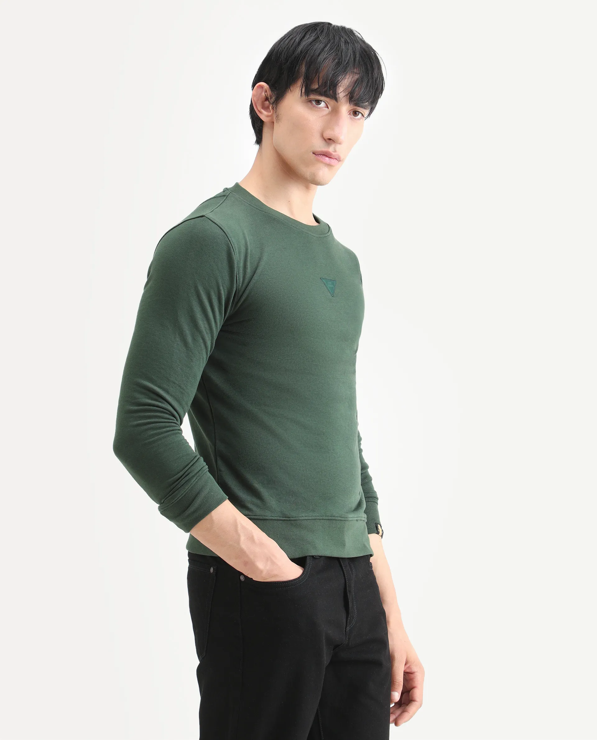 Rare Rabbit Men's Chara Green Cotton Plain Regular Fit Full Sleeve Crew Neck Sweatshirt - Image 7