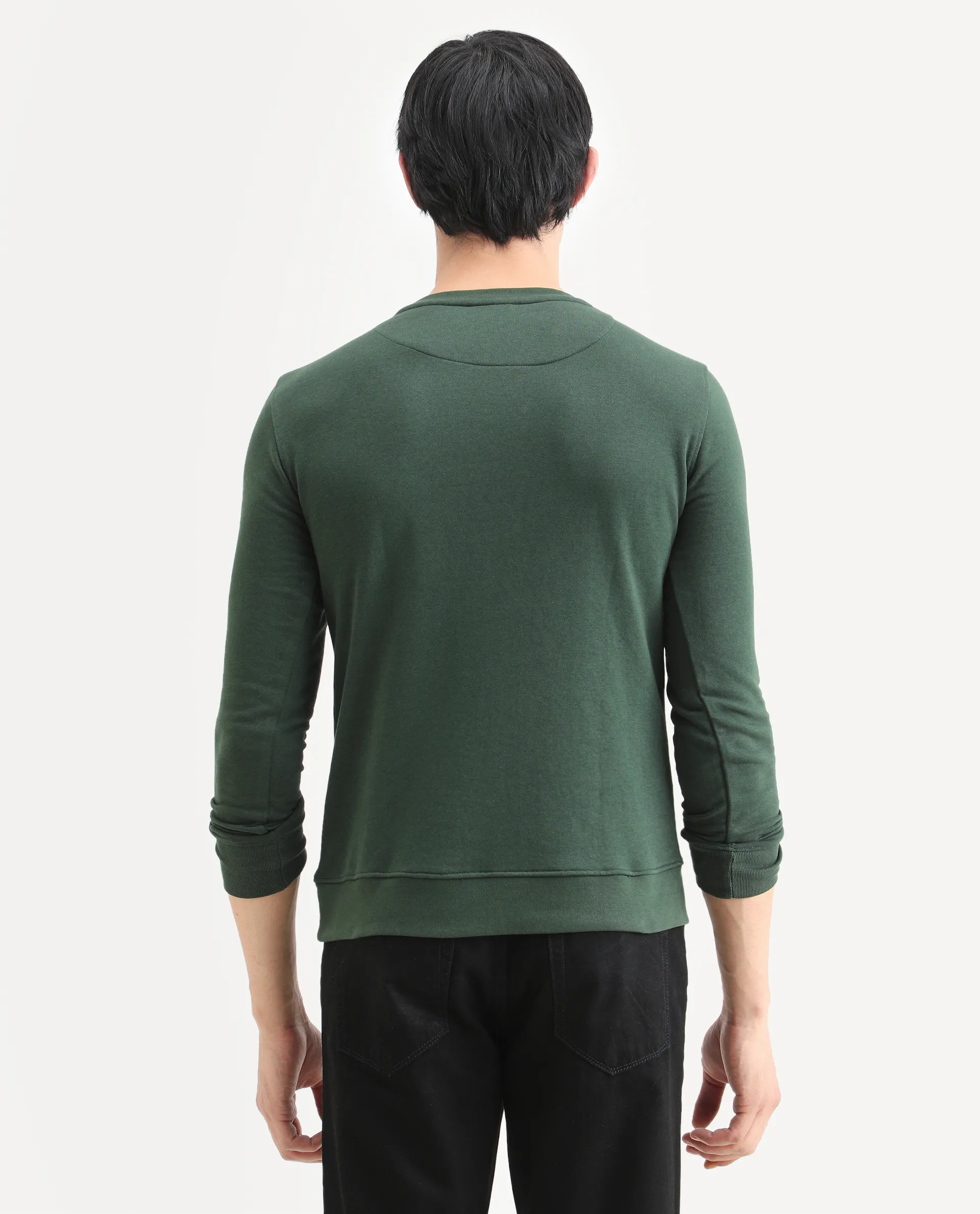 Rare Rabbit Men's Chara Green Cotton Plain Regular Fit Full Sleeve Crew Neck Sweatshirt - Image 8