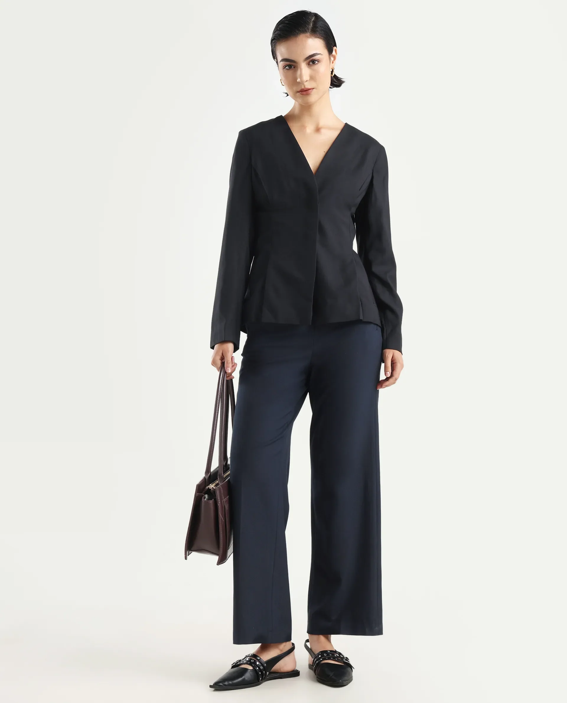 Rareism Women's Charal Black Cotton Blend Lapel Neck Plain Regular Fit Blazer - Image 2
