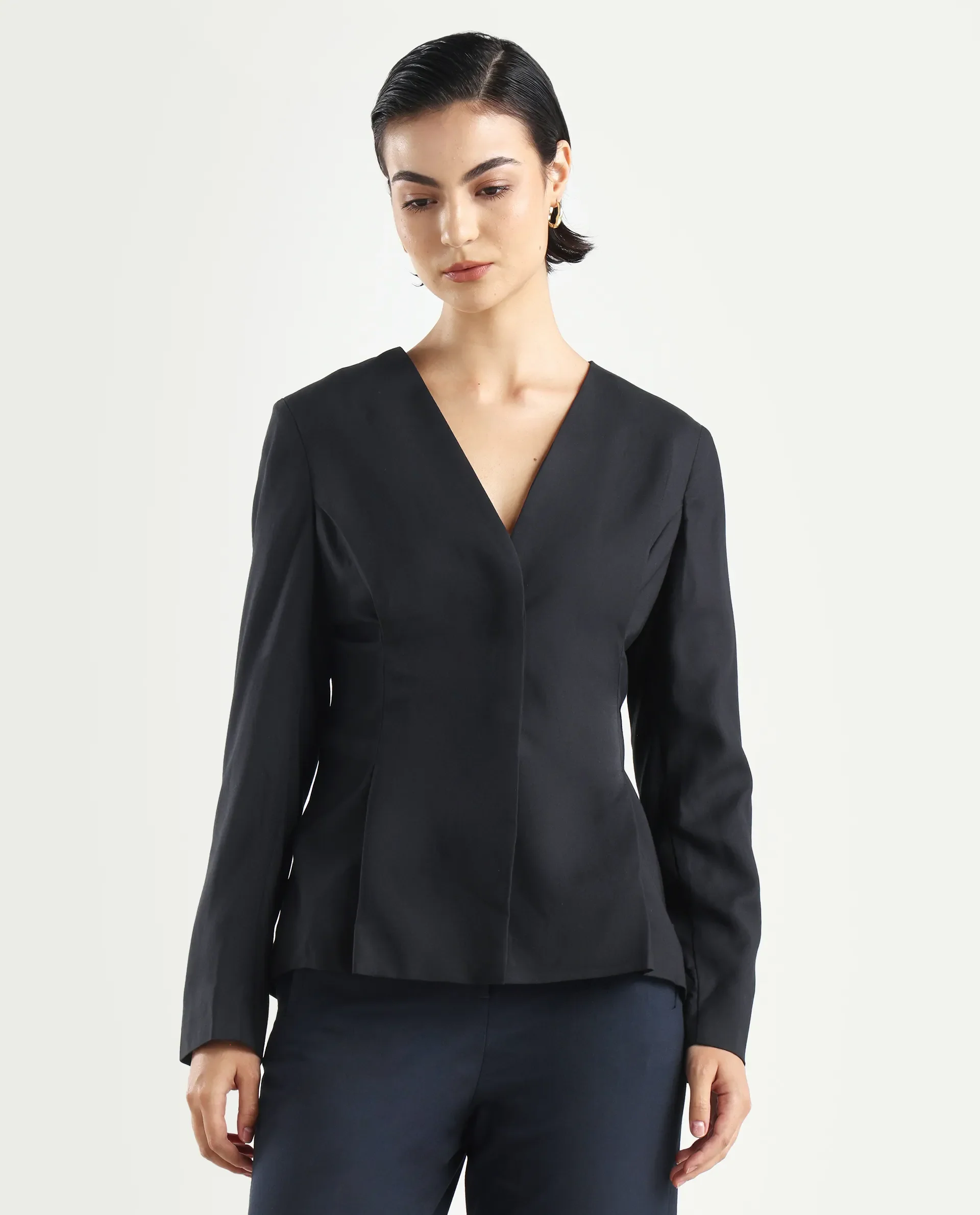 Rareism Women's Charal Black Cotton Blend Lapel Neck Plain Regular Fit Blazer - Image 3