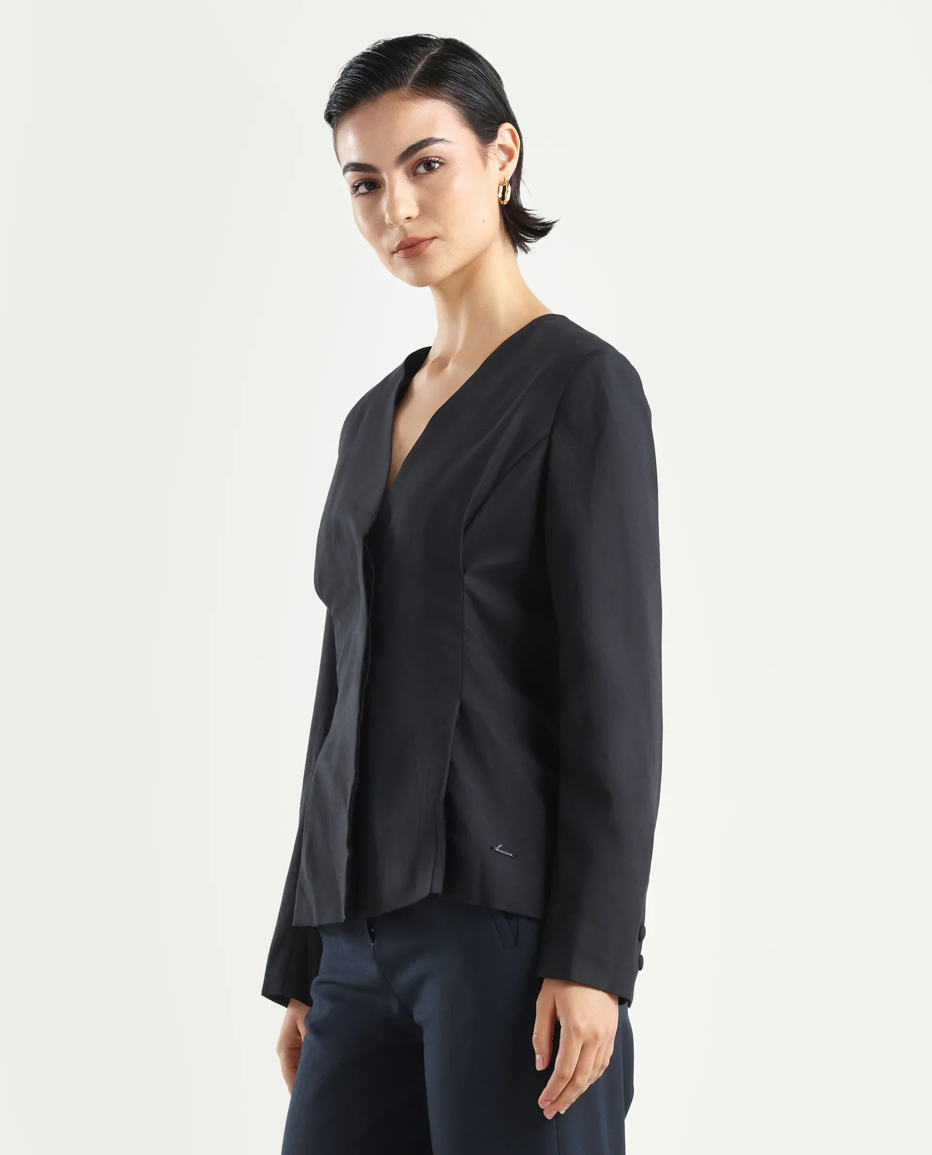 Rareism Women's Charal Black Cotton Blend Lapel Neck Plain Regular Fit Blazer - Image 5