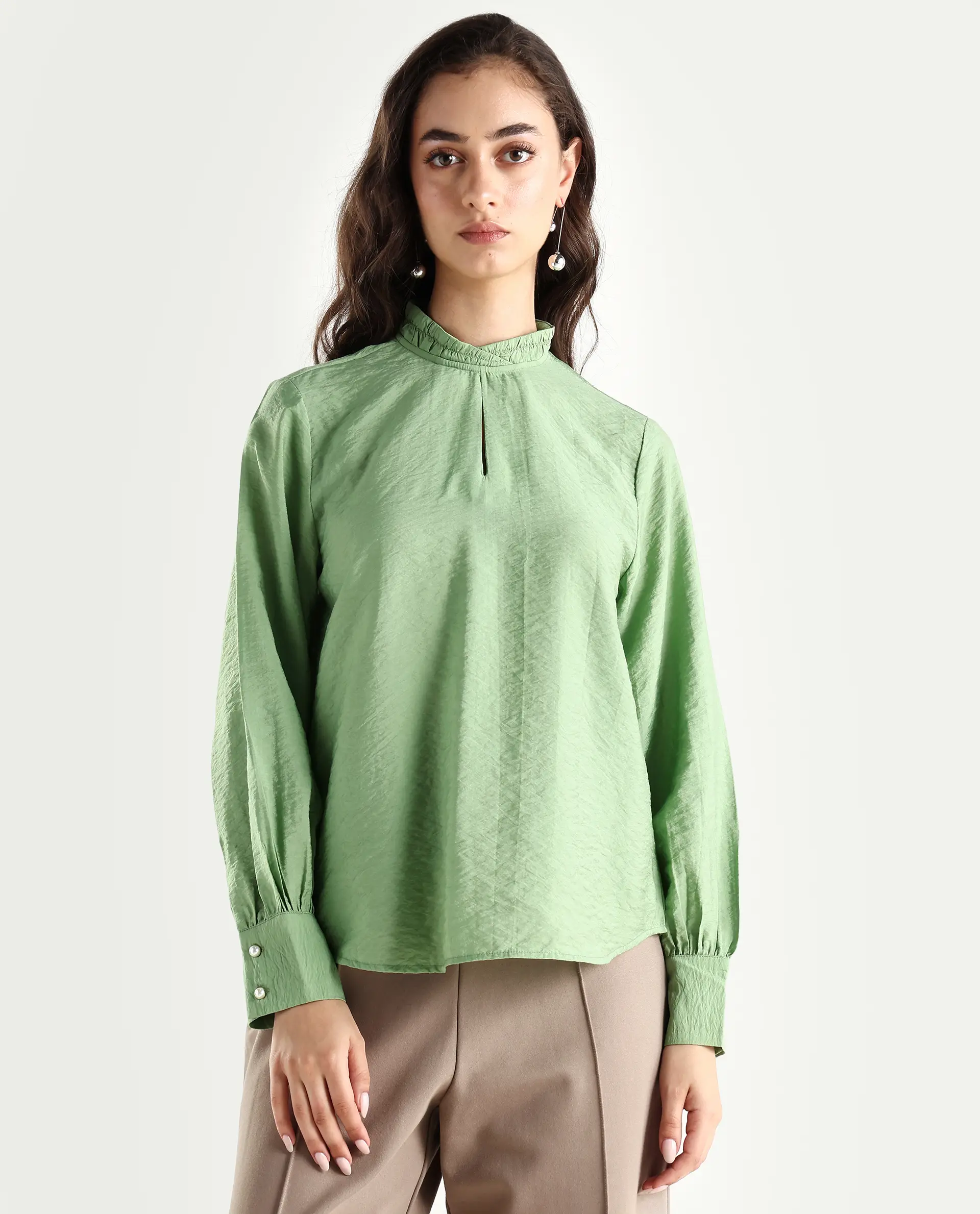 Rareism Women's Charen Light Green Nylon Blend Halter Neck Plain Bishop Sleeve Relaxed Fit Top - Image 3