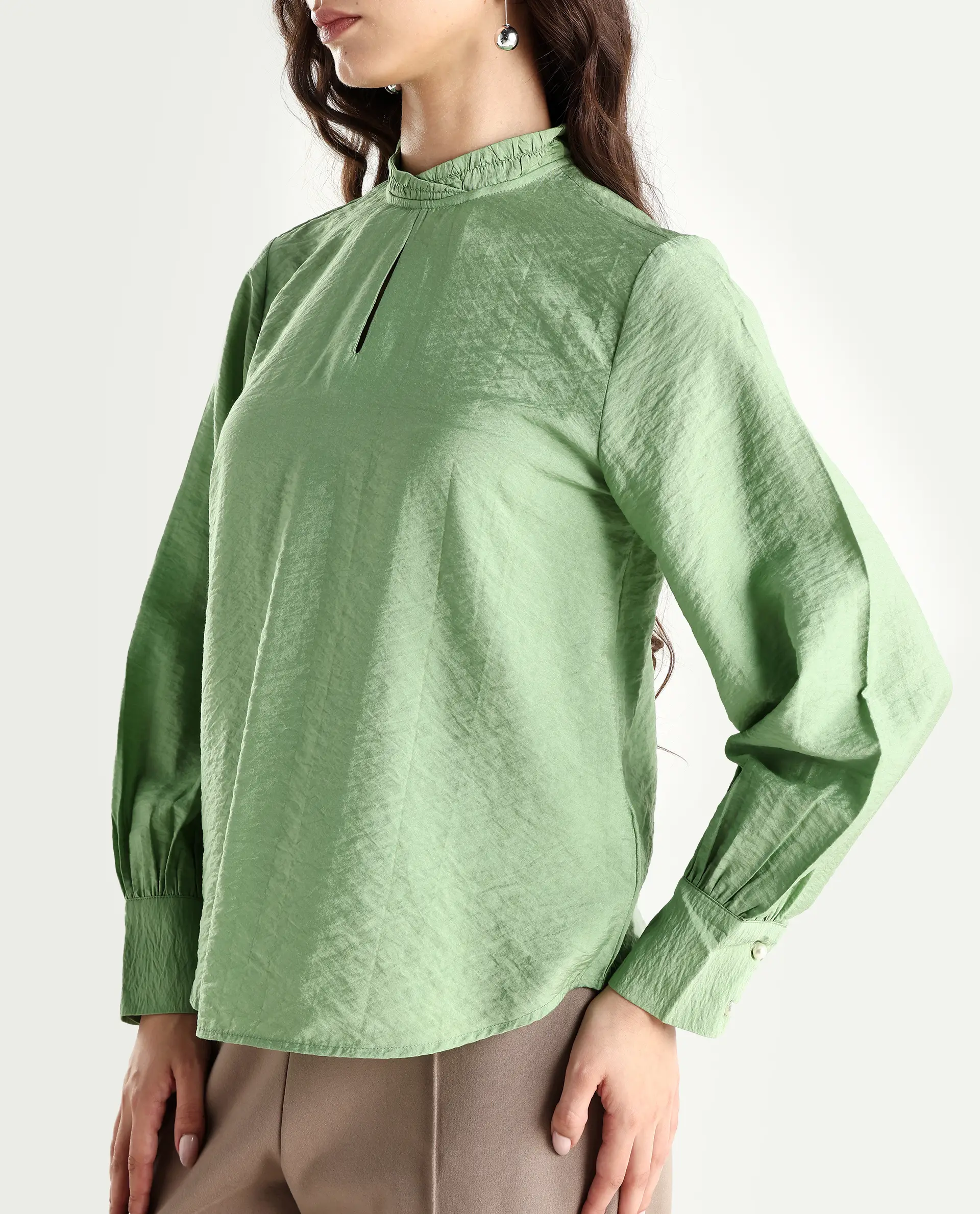 Rareism Women's Charen Light Green Nylon Blend Halter Neck Plain Bishop Sleeve Relaxed Fit Top - Image 4