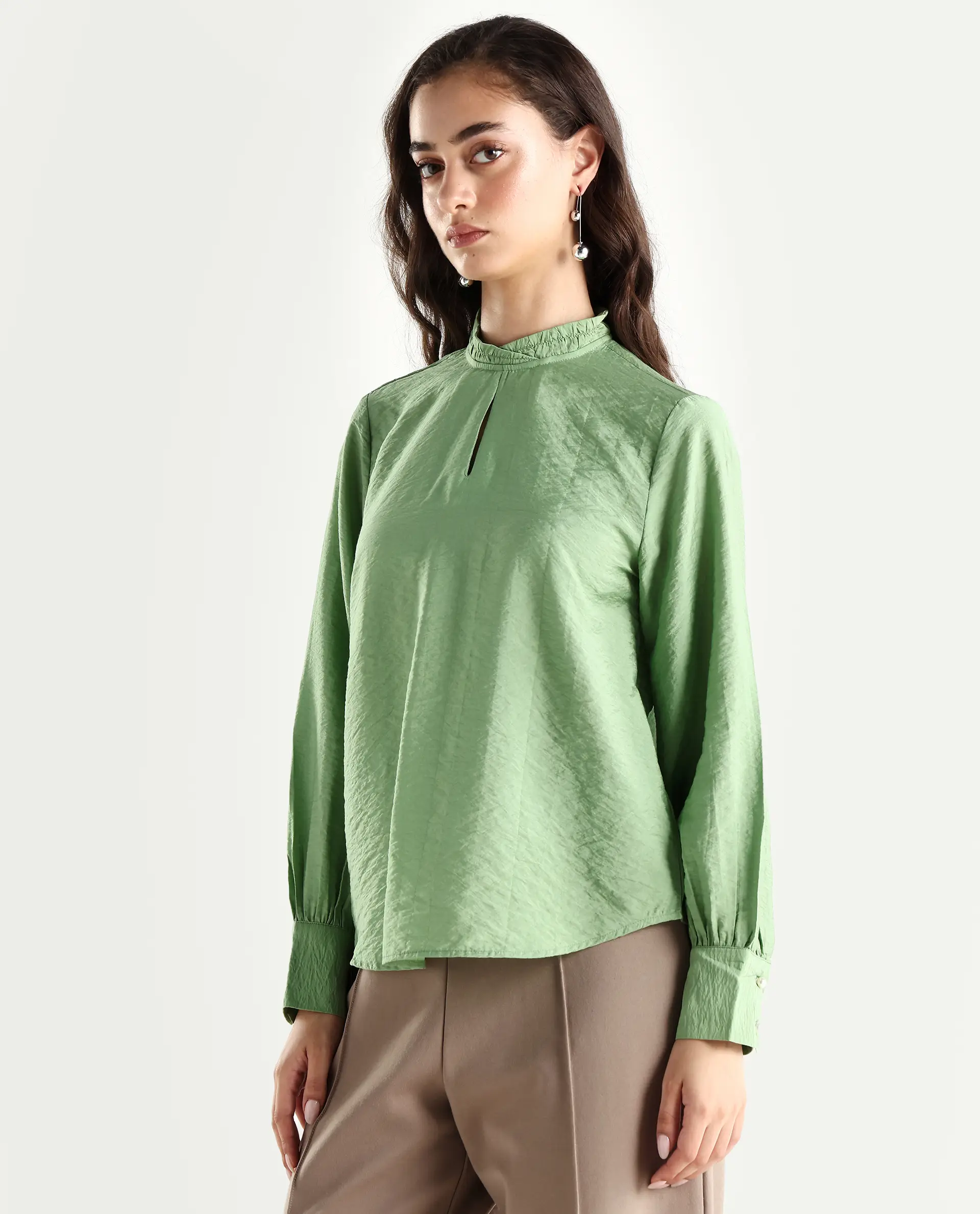 Rareism Women's Charen Light Green Nylon Blend Halter Neck Plain Bishop Sleeve Relaxed Fit Top - Image 5