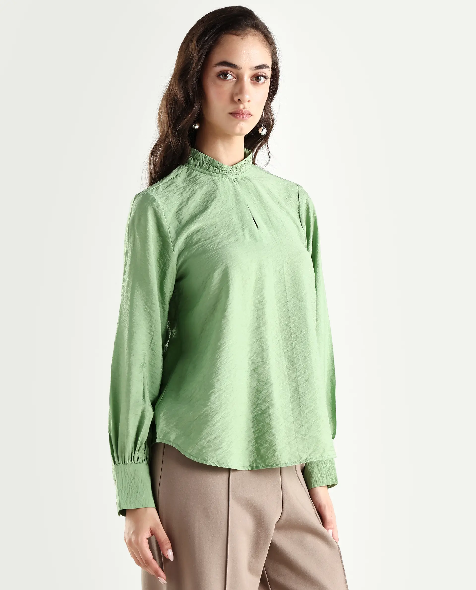Rareism Women's Charen Light Green Nylon Blend Halter Neck Plain Bishop Sleeve Relaxed Fit Top - Image 6