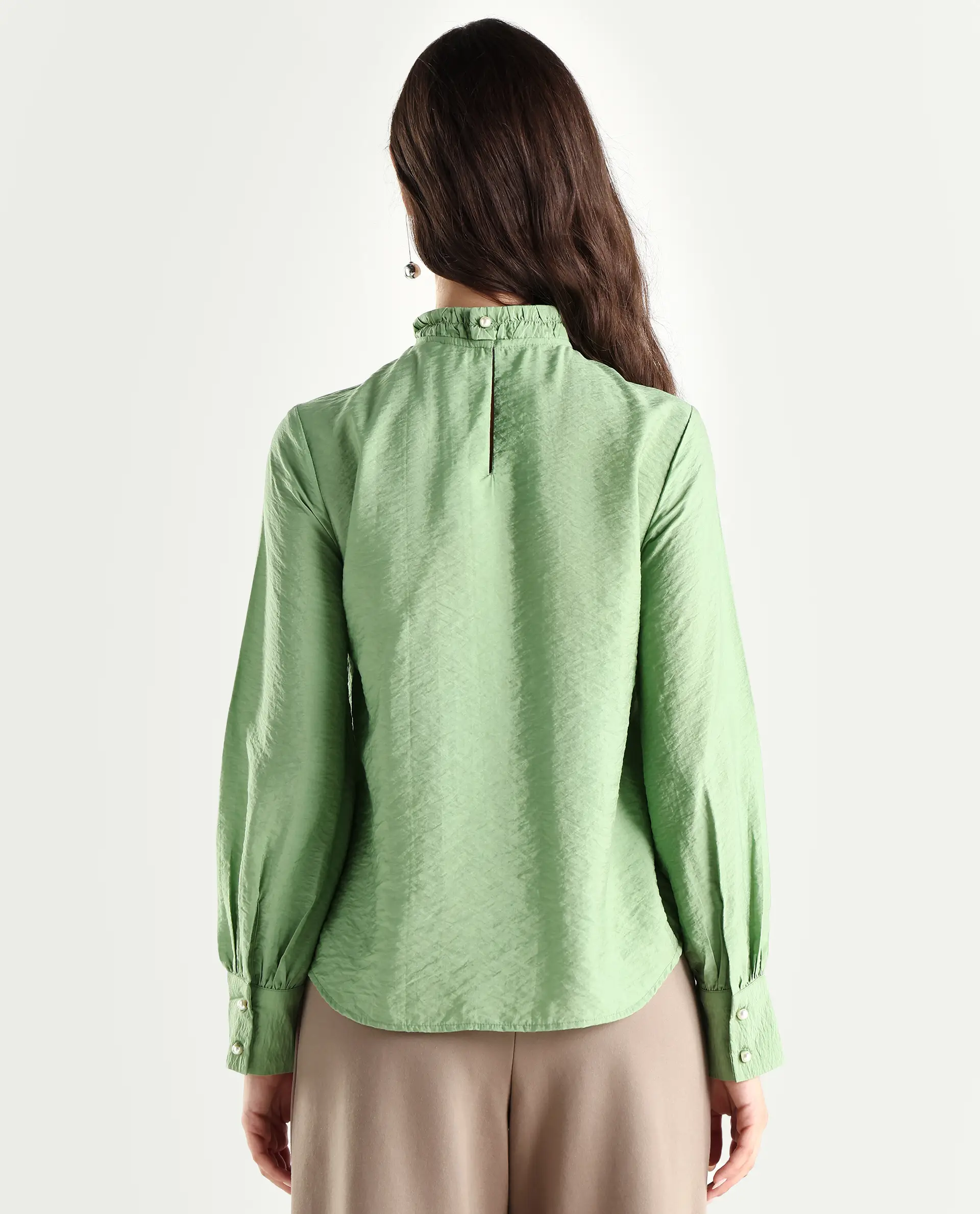 Rareism Women's Charen Light Green Nylon Blend Halter Neck Plain Bishop Sleeve Relaxed Fit Top - Image 7