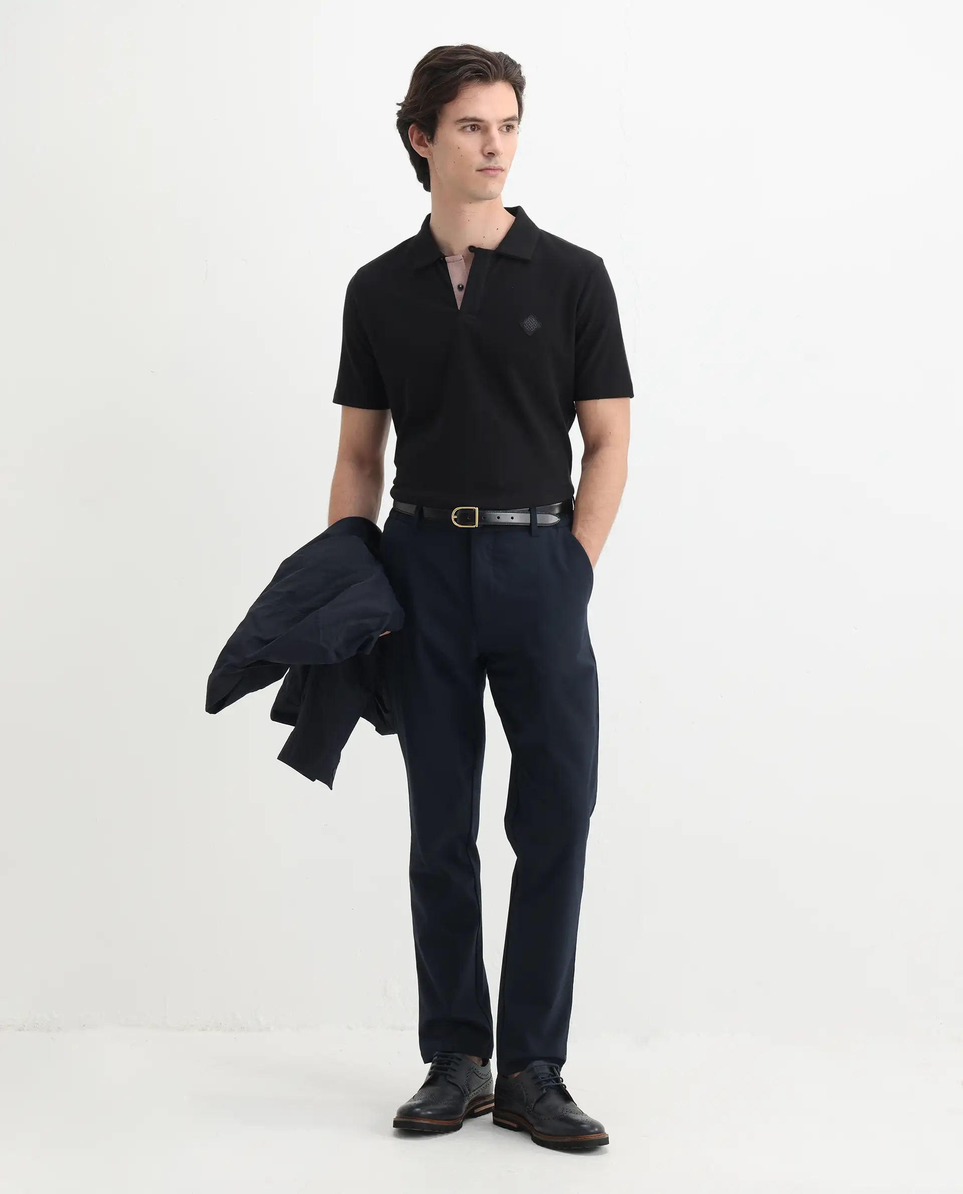 Rare Rabbit Men's Charles Black Cotton Plain Regular Fit Half Sleeve Polo - Image 2