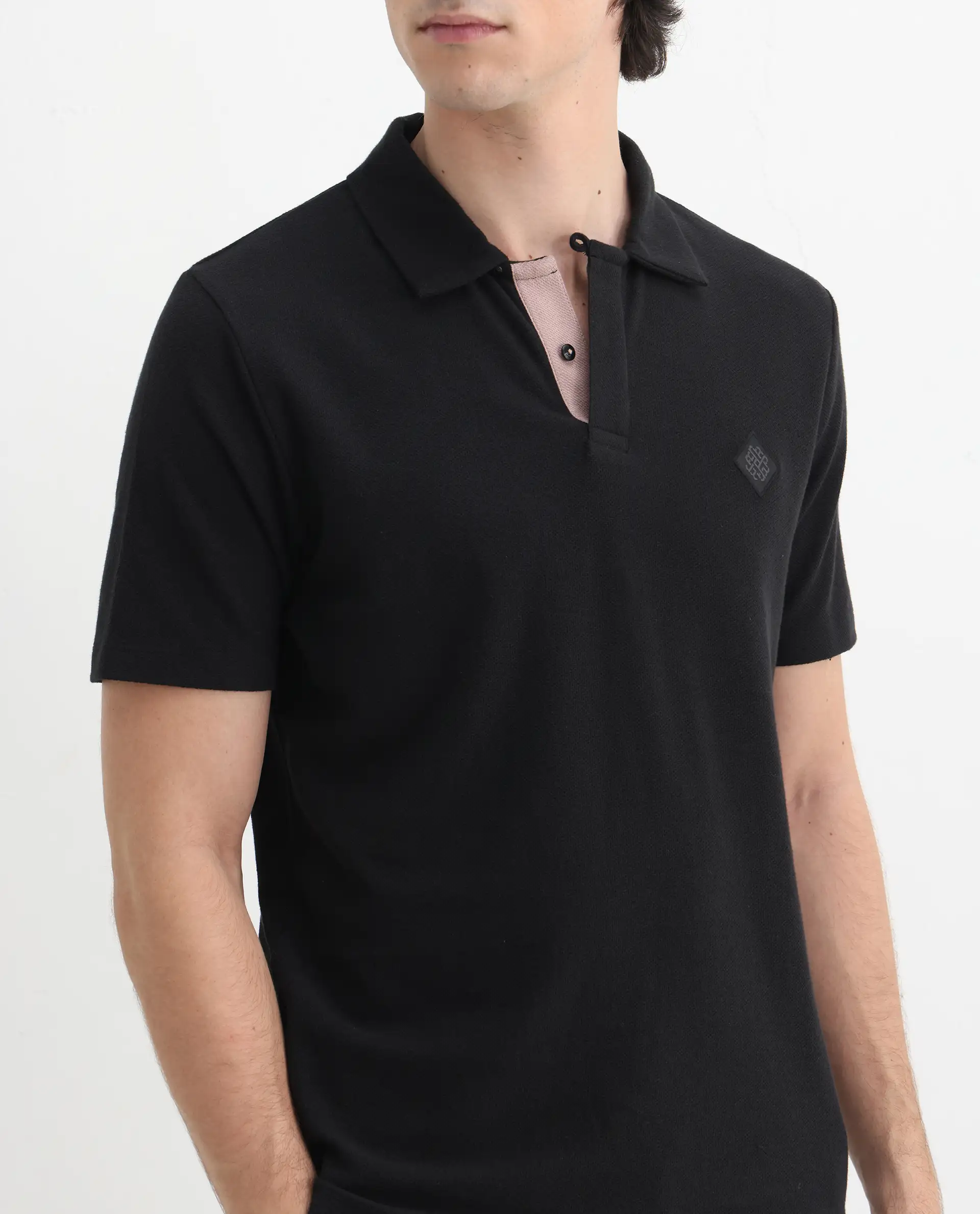 Rare Rabbit Men's Charles Black Cotton Plain Regular Fit Half Sleeve Polo - Image 3