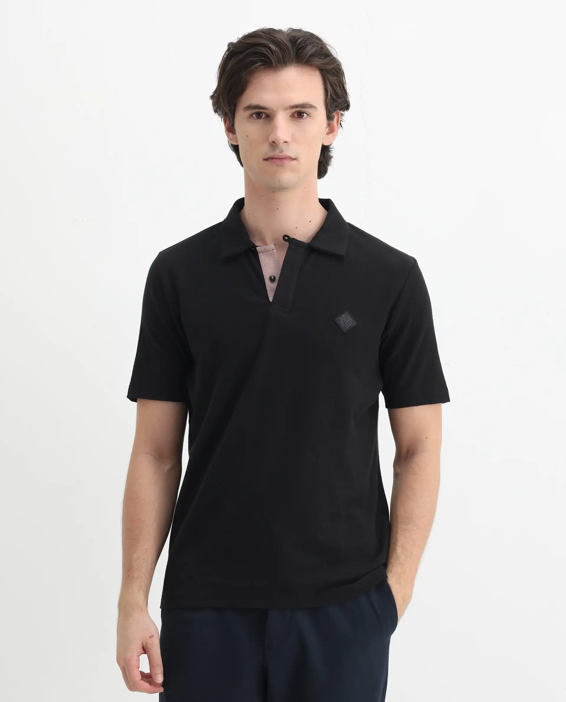 Rare Rabbit Men's Charles Black Cotton Plain Regular Fit Half Sleeve Polo - Image 4