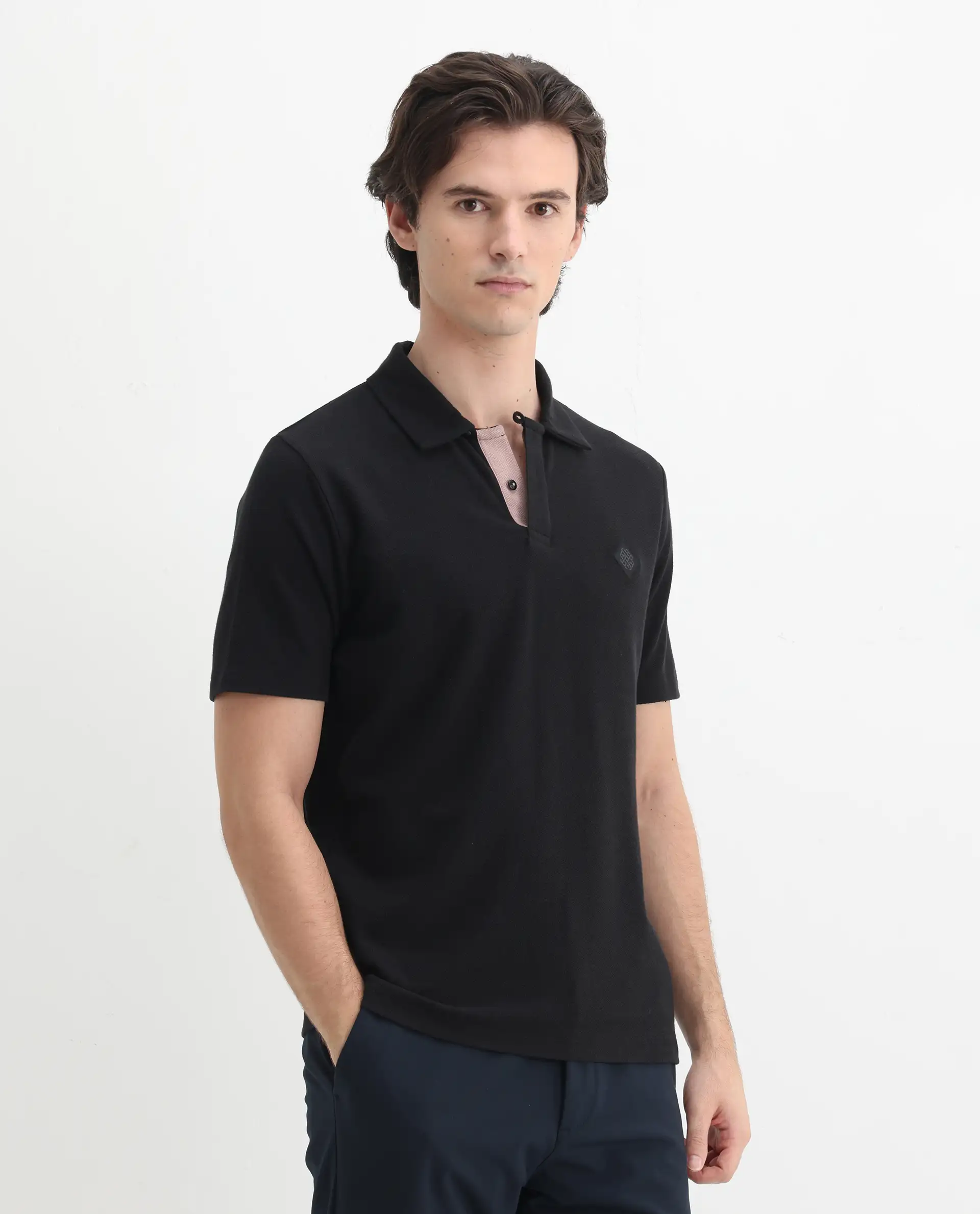 Rare Rabbit Men's Charles Black Cotton Plain Regular Fit Half Sleeve Polo - Image 6