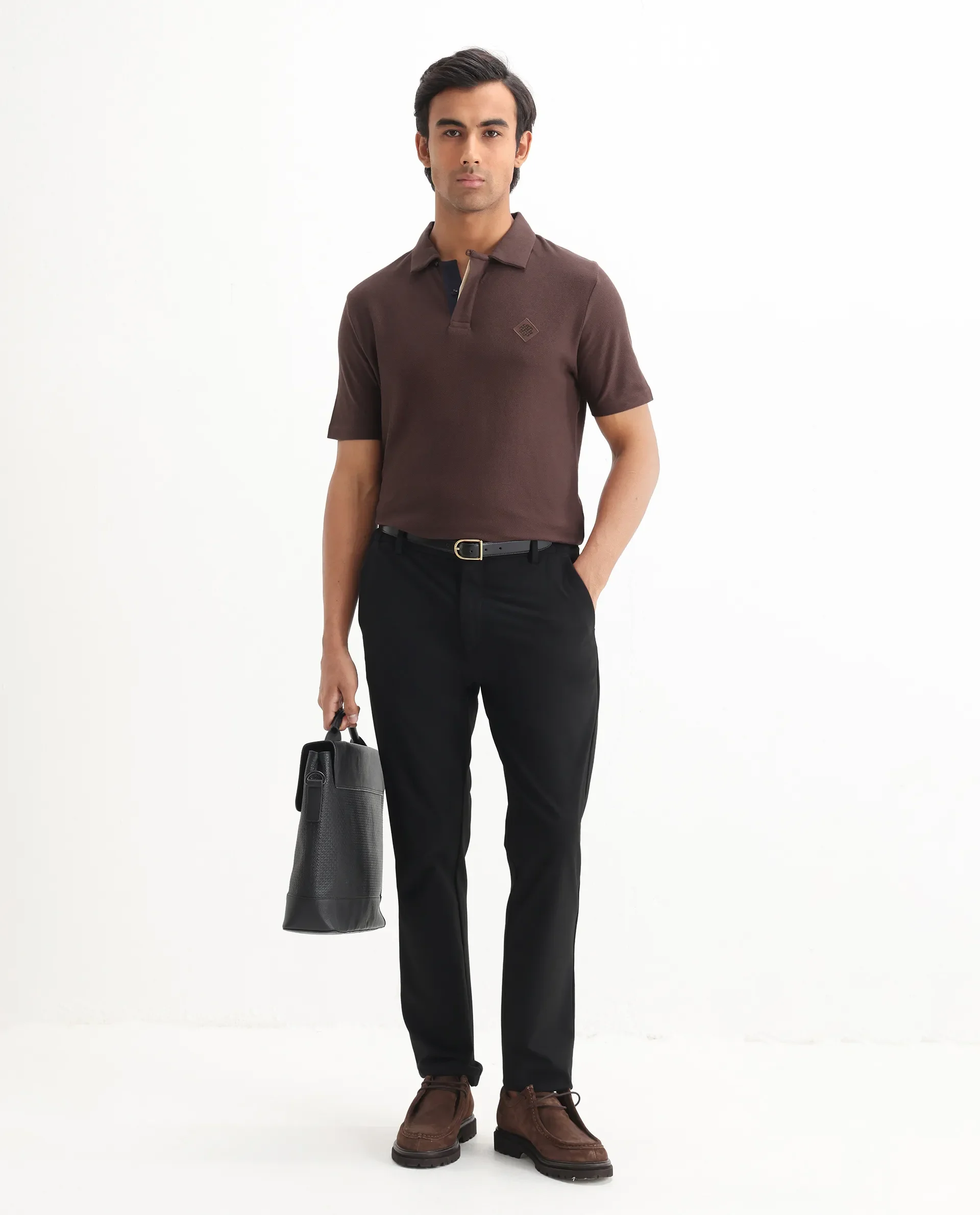 Rare Rabbit Men's Charles Dark Brown Cotton Plain Regular Fit Half Sleeve Polo - Image 2