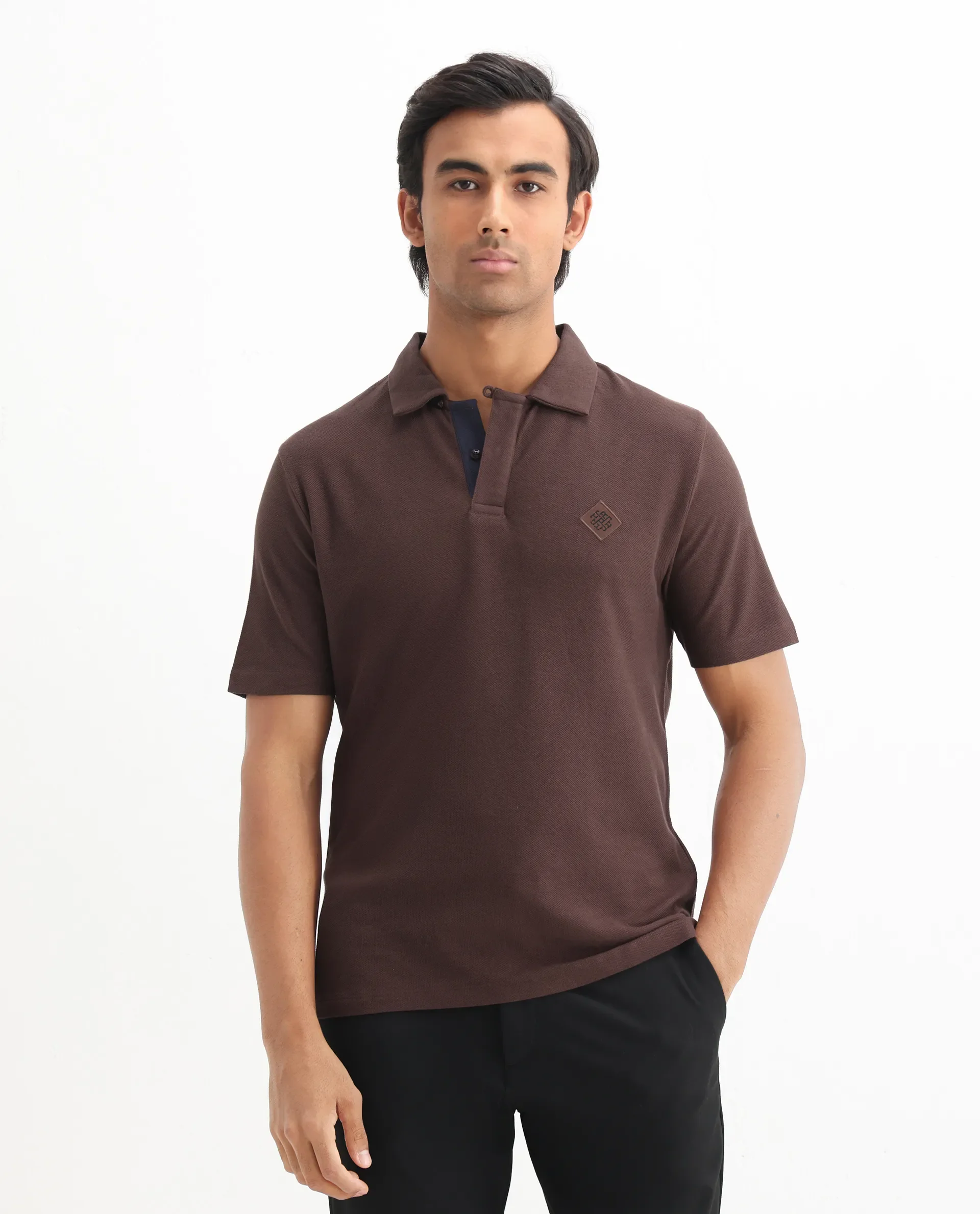 Rare Rabbit Men's Charles Dark Brown Cotton Plain Regular Fit Half Sleeve Polo - Image 3