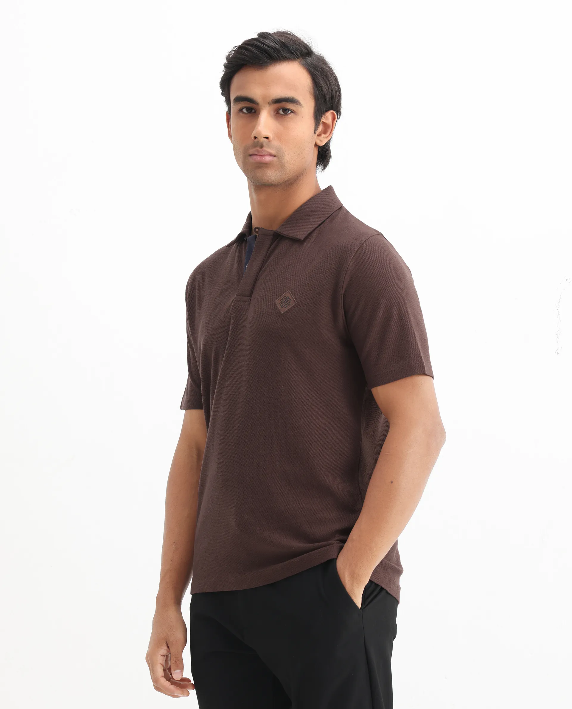 Rare Rabbit Men's Charles Dark Brown Cotton Plain Regular Fit Half Sleeve Polo - Image 7