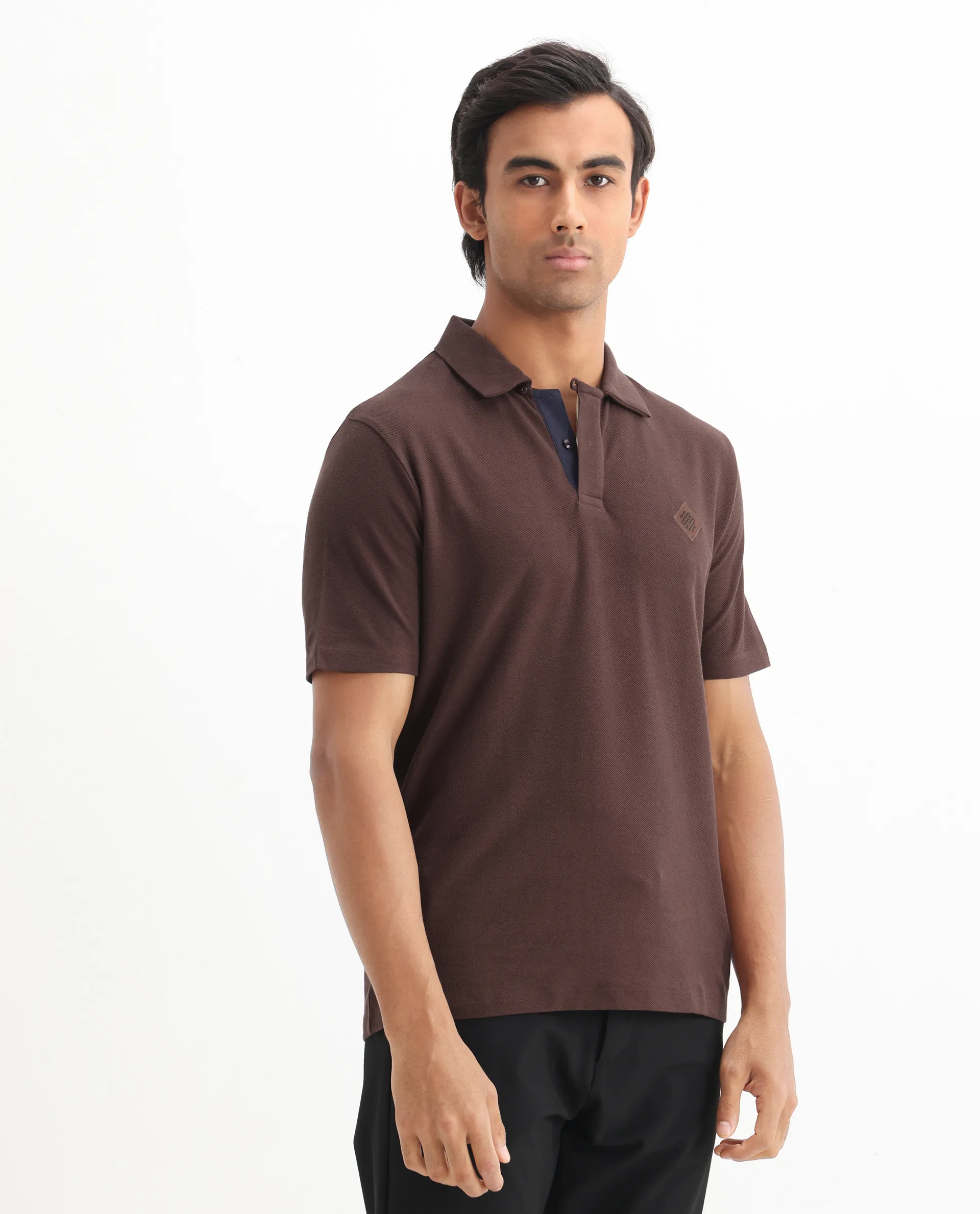 Rare Rabbit Men's Charles Dark Brown Cotton Plain Regular Fit Half Sleeve Polo - Image 8